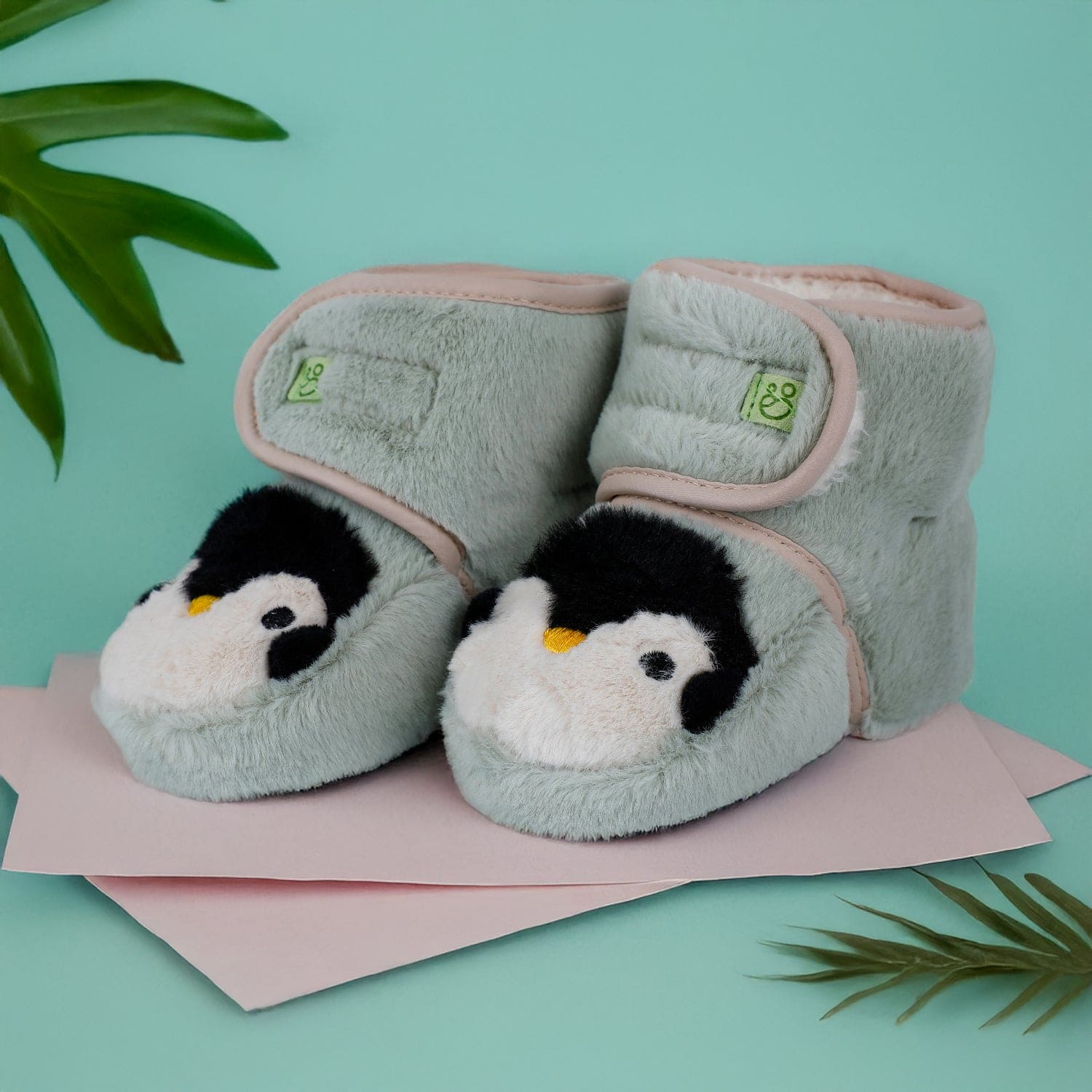 Baby Moo Penguin Warm Veclro Strap Fur Booties - Green