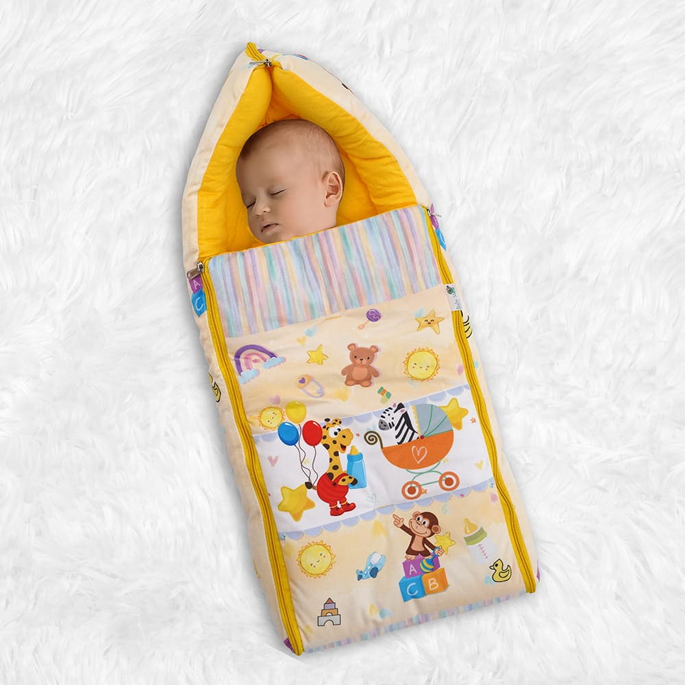 Baby Moo Zebra in Pram Premium Carry Nest Velvet With Hosiery Lining Sleeping Bag - Yellow - Baby Moo