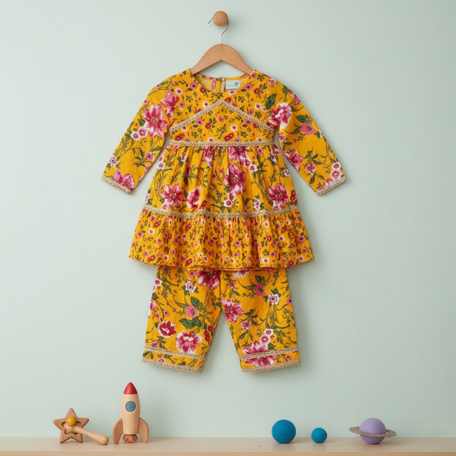 Baby Moo Big Floral Print Cotton Girls Two Piece Girls Kurta Pant Set - Yellow