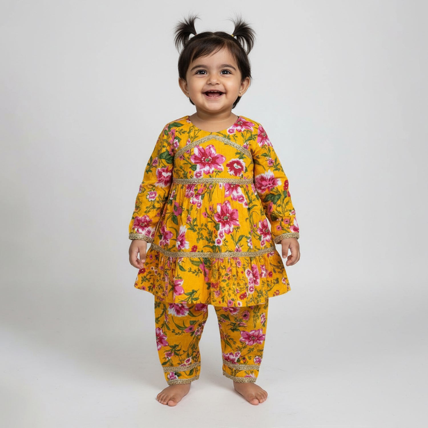 Baby Moo Big Floral Print Cotton Girls Two Piece Girls Kurta Pant Set - Yellow