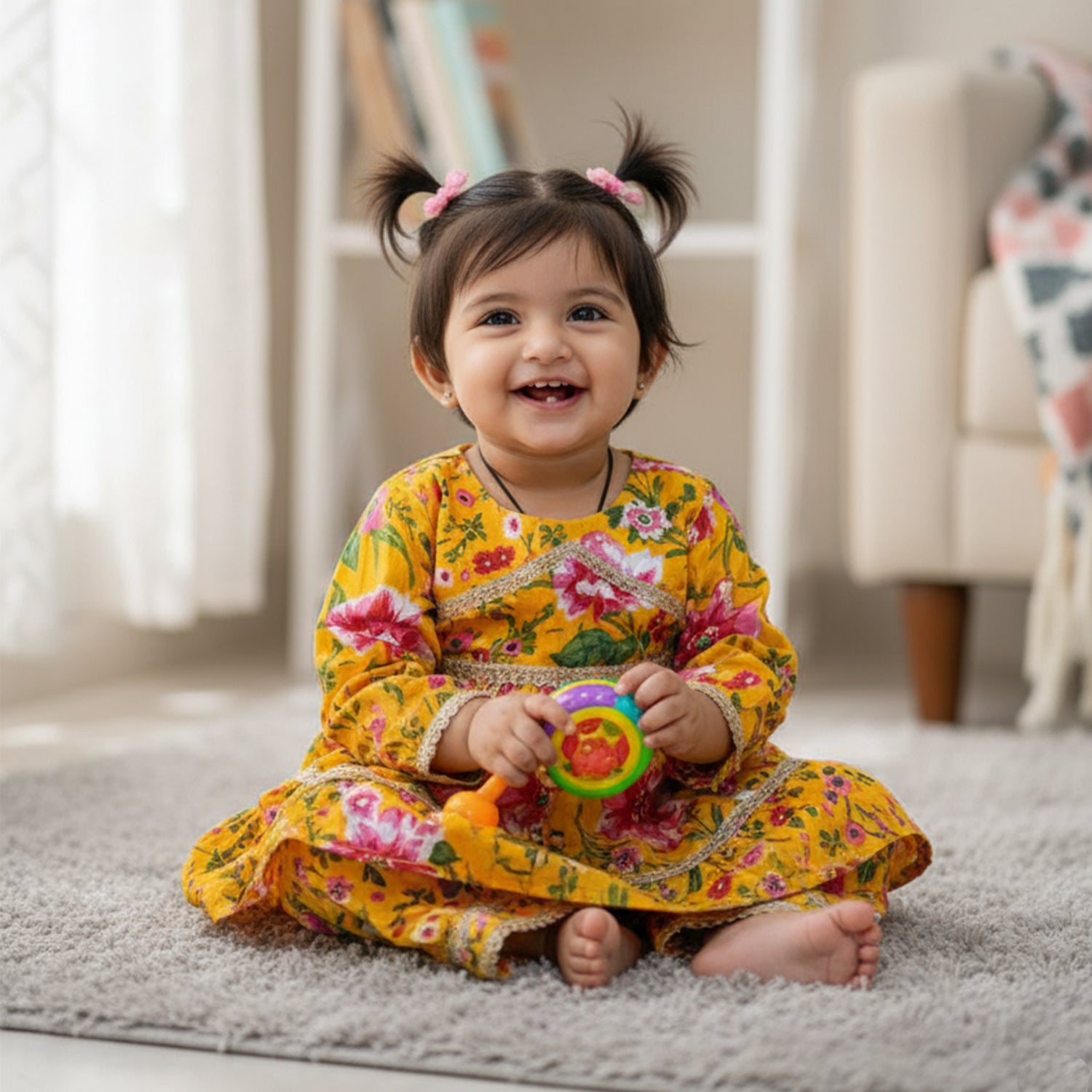 Baby Moo Big Floral Print Cotton Girls Two Piece Girls Kurta Pant Set - Yellow