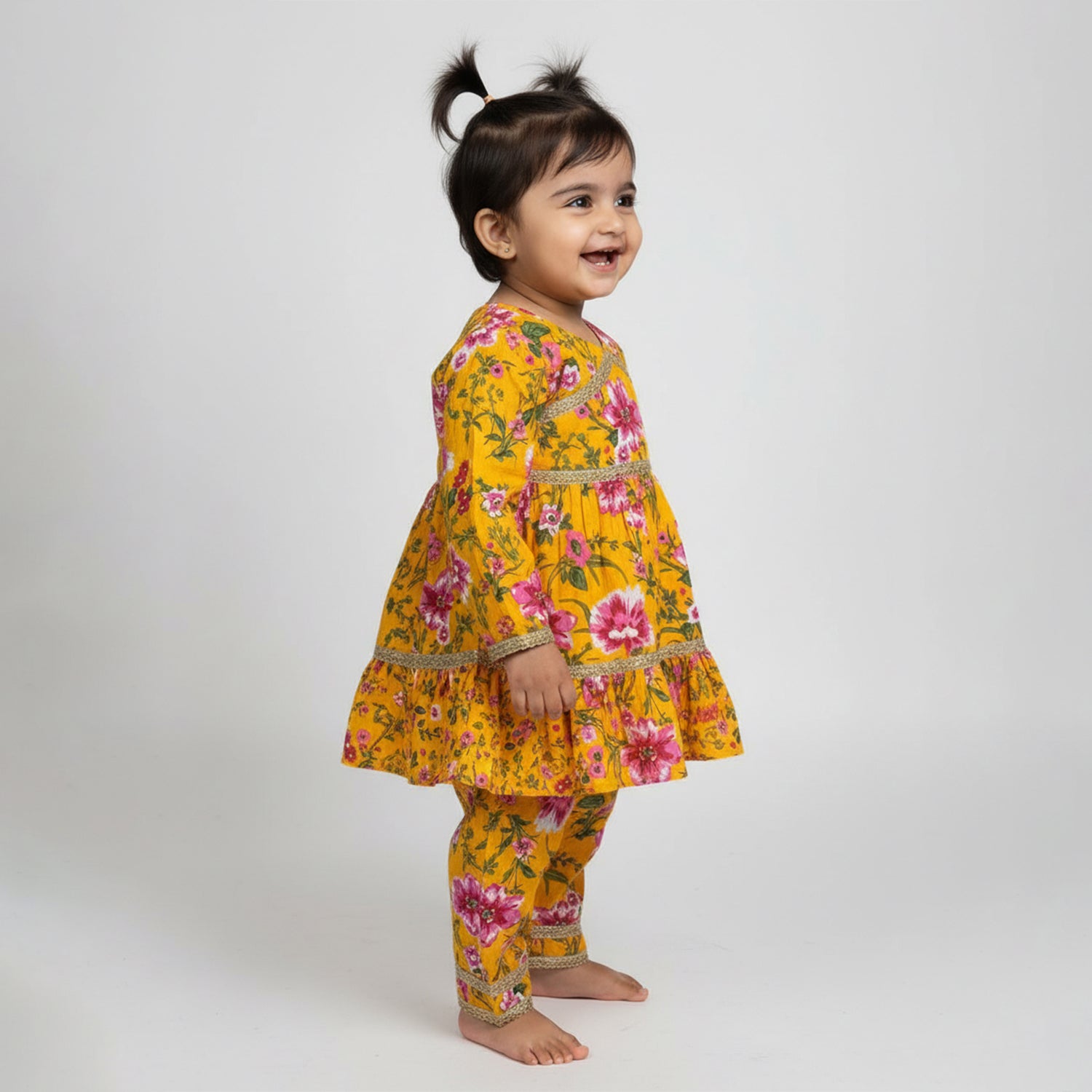 Baby Moo Big Floral Print Cotton Girls Two Piece Girls Kurta Pant Set - Yellow