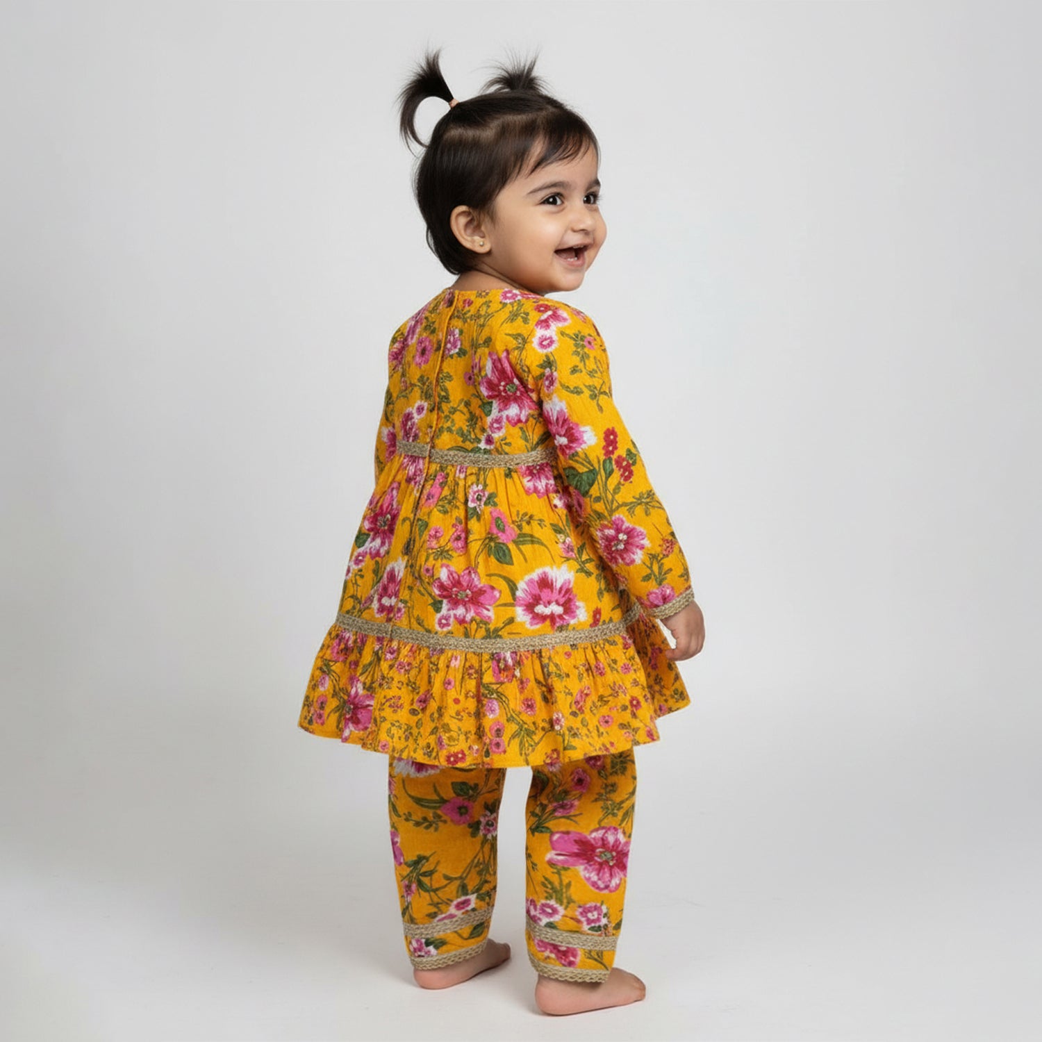 Baby Moo Big Floral Print Cotton Girls Two Piece Girls Kurta Pant Set - Yellow