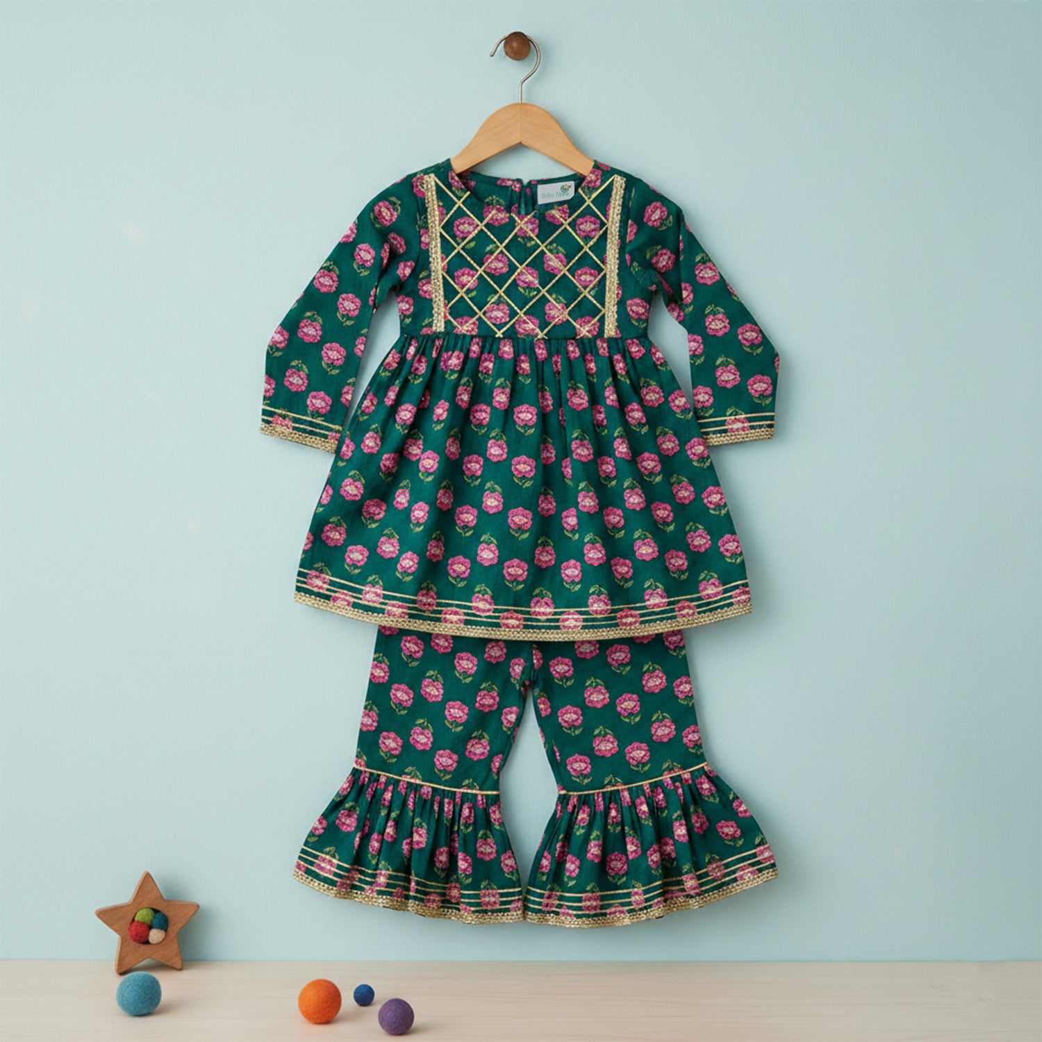 Baby Moo Floral Print Cotton Girls Two Piece Kurti Sharara Set - Green