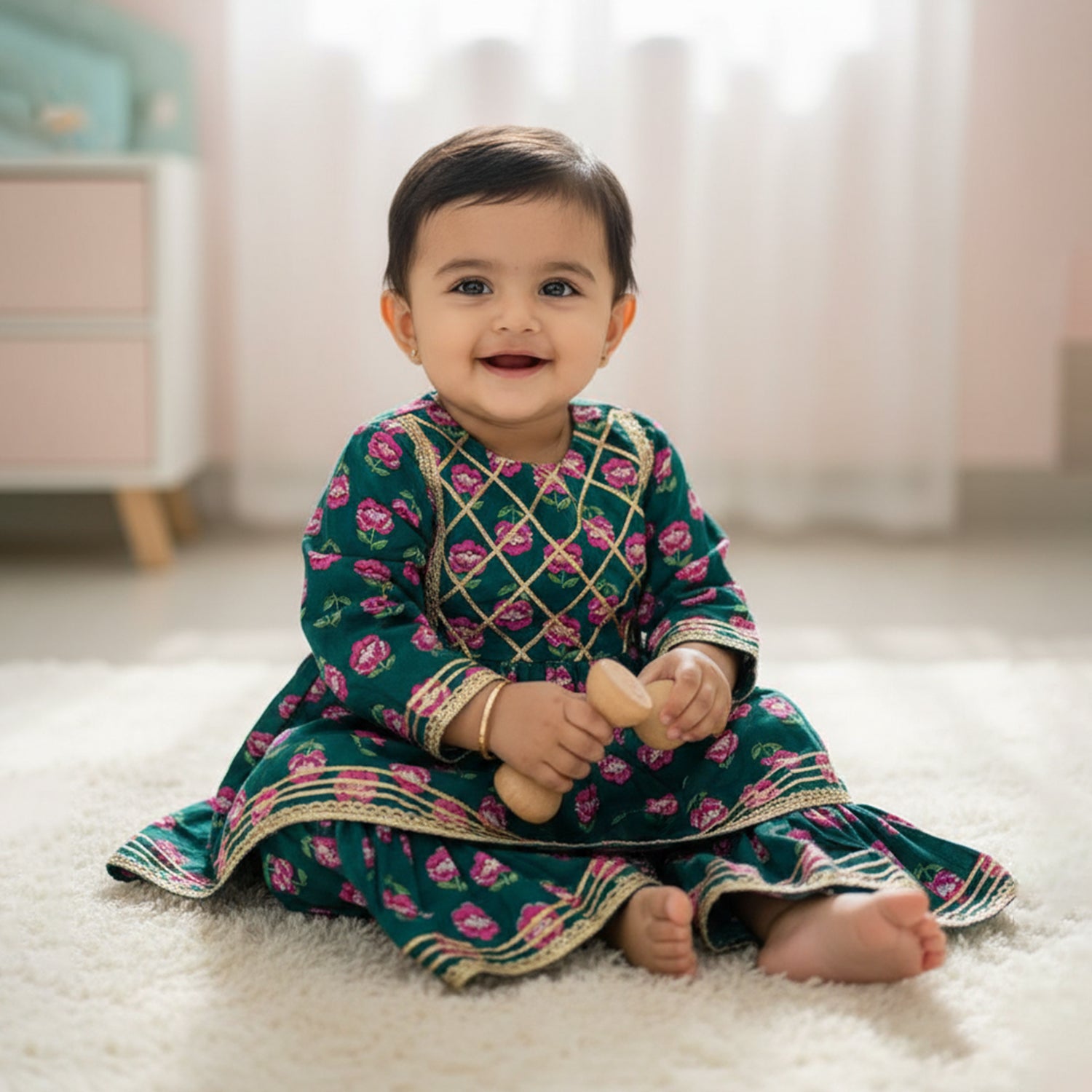 Baby Moo Floral Print Cotton Girls Two Piece Kurti Sharara Set - Green