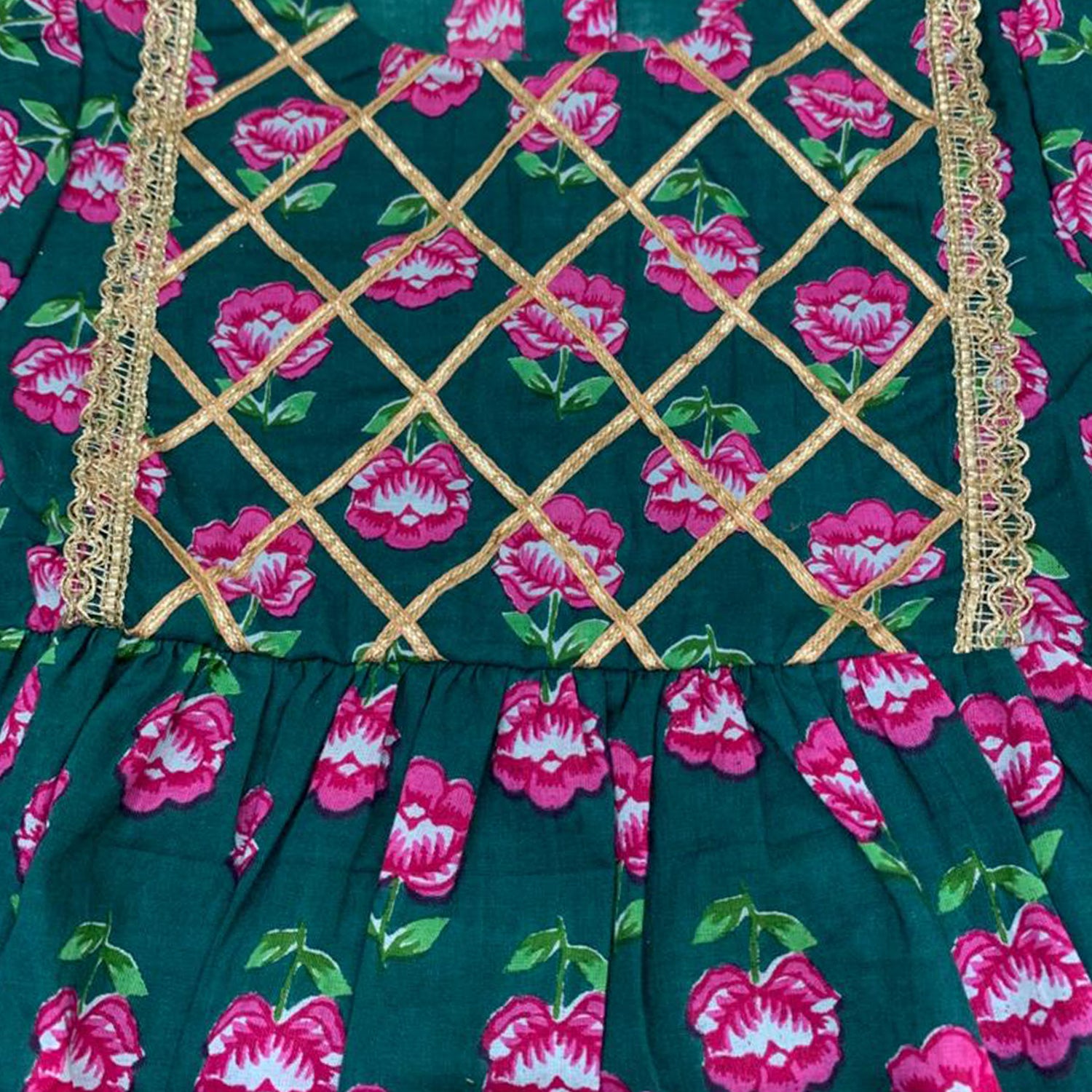 Baby Moo Floral Print Cotton Girls Two Piece Kurti Sharara Set - Green