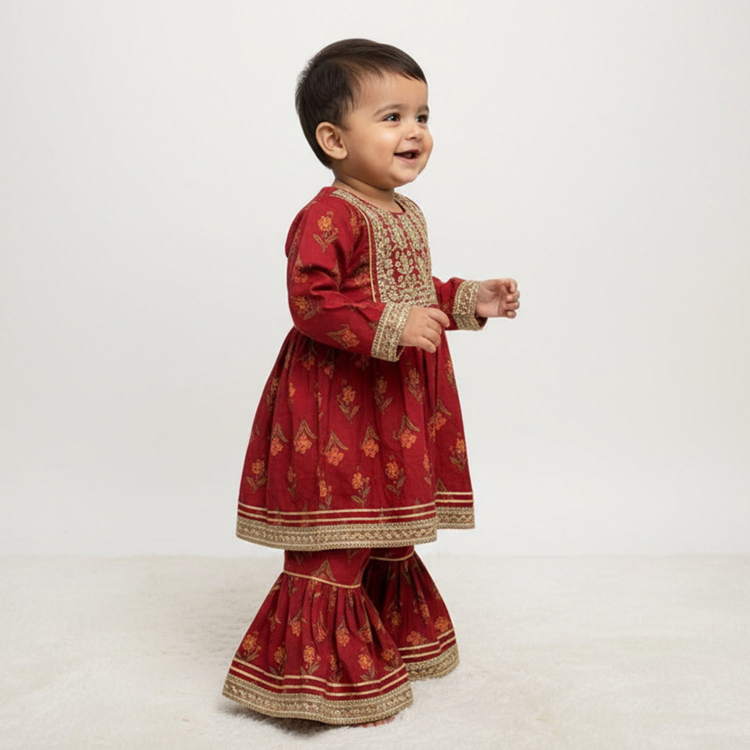 Baby Moo Floral Print Cotton Girls Two Piece Kurti Sharara Set - Red