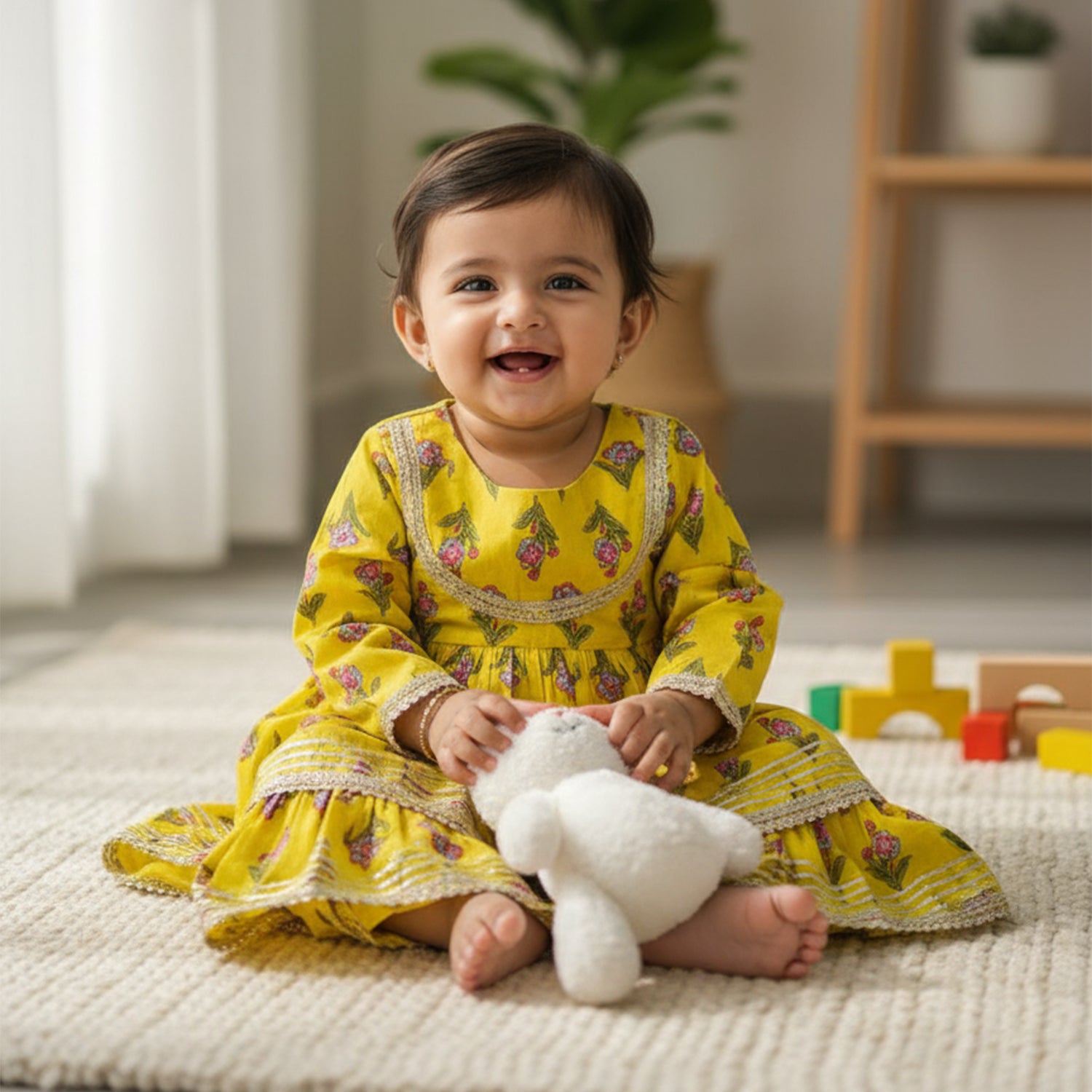 Baby Moo Floral Print Cotton Girls Two Piece Kurti Sharara Set - Lemon Yellow