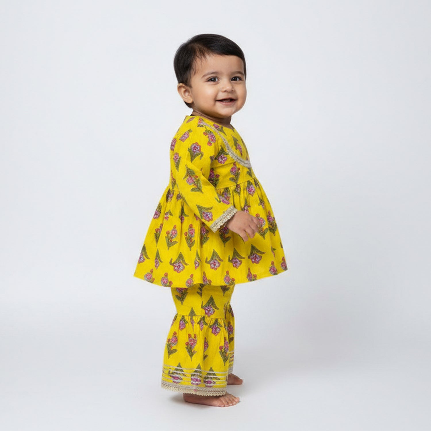Baby Moo Floral Print Cotton Girls Two Piece Kurti Sharara Set - Lemon Yellow