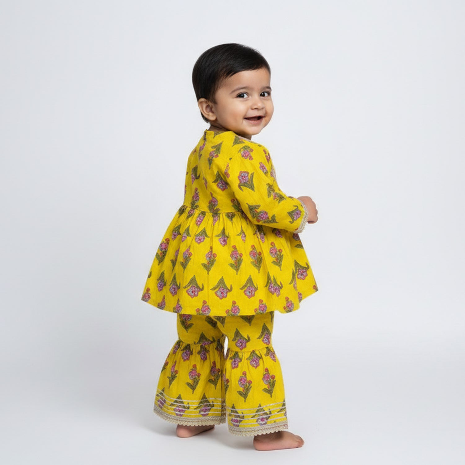 Baby Moo Floral Print Cotton Girls Two Piece Kurti Sharara Set - Lemon Yellow
