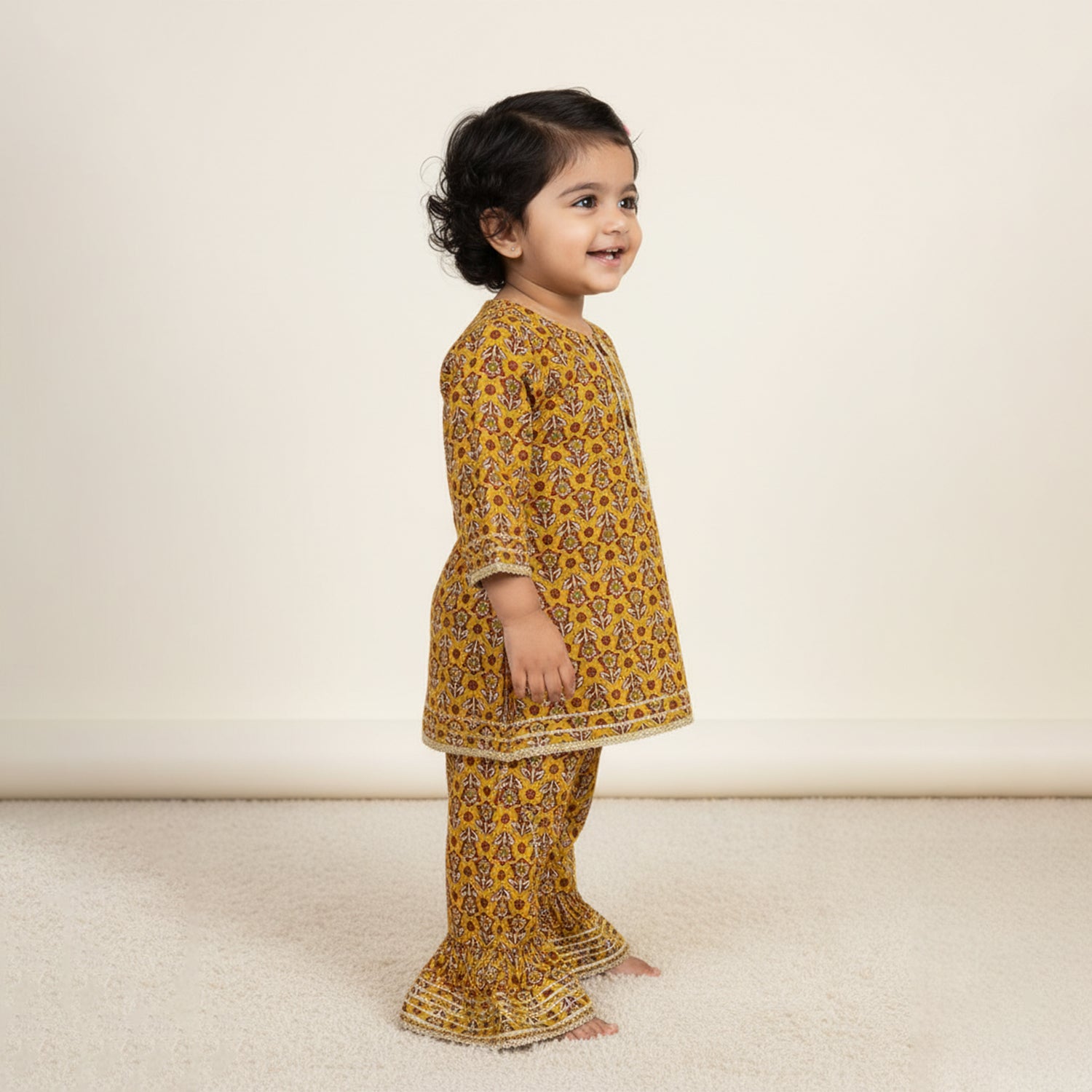 Baby Moo Sunflower Print Cotton Girls Two Piece Kurti Sharara Set - Mustard