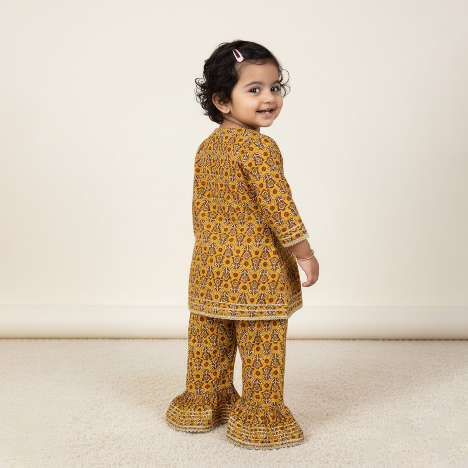 Baby Moo Sunflower Print Cotton Girls Two Piece Kurti Sharara Set - Mustard