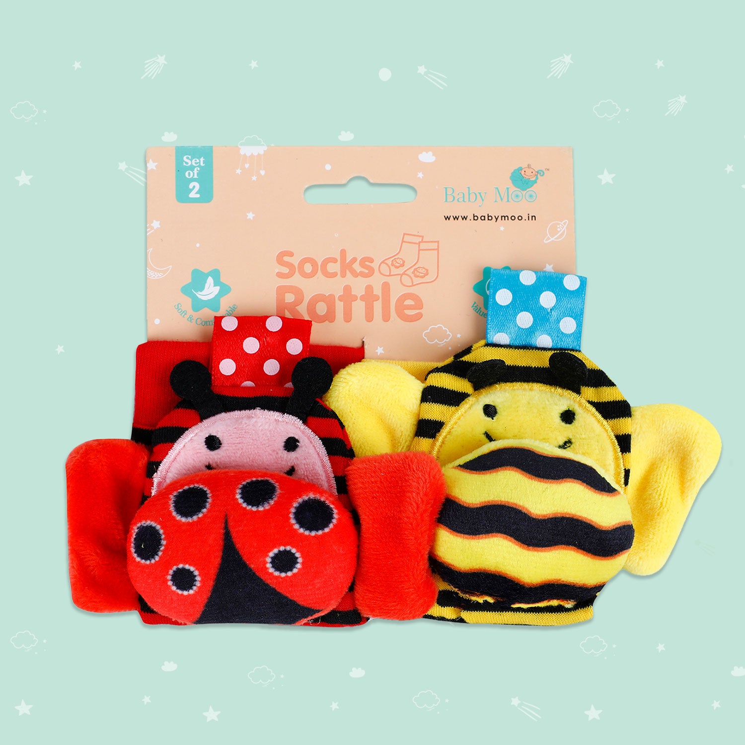 Baby Moo Buzzing Bee And Ladybug Striped Set of 2 Socks Rattle - Red, Yellow