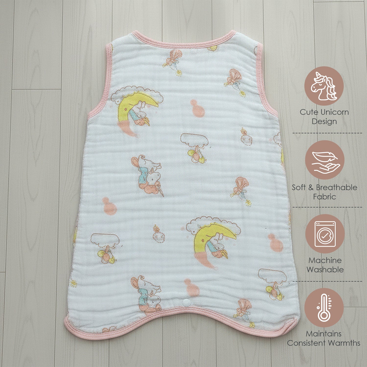 Baby Moo Unicorn 6 Layer Snap Button Muslin Sleeping Bag / Wearable Blanket / Sleep Sack - White