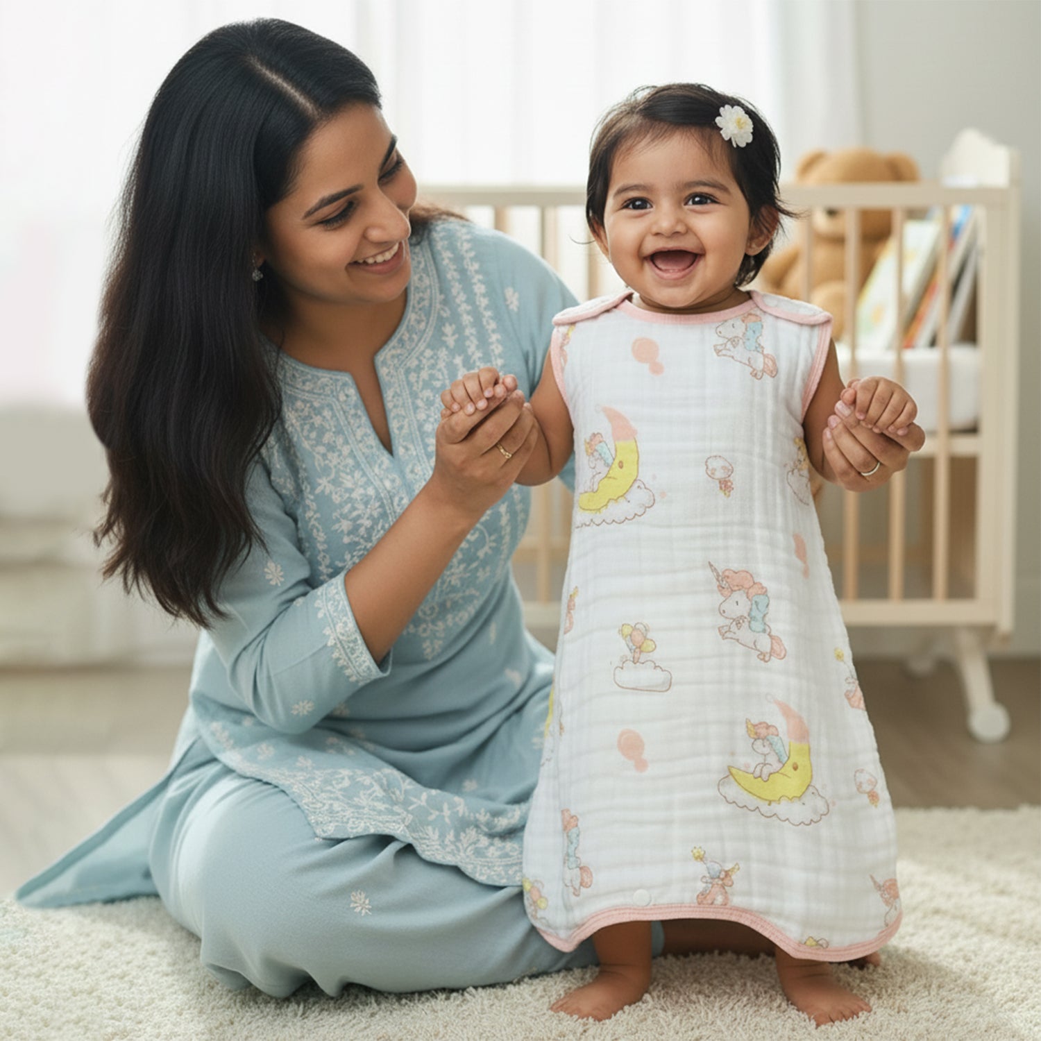 Baby Moo Unicorn 6 Layer Snap Button Muslin Sleeping Bag / Wearable Blanket / Sleep Sack - White