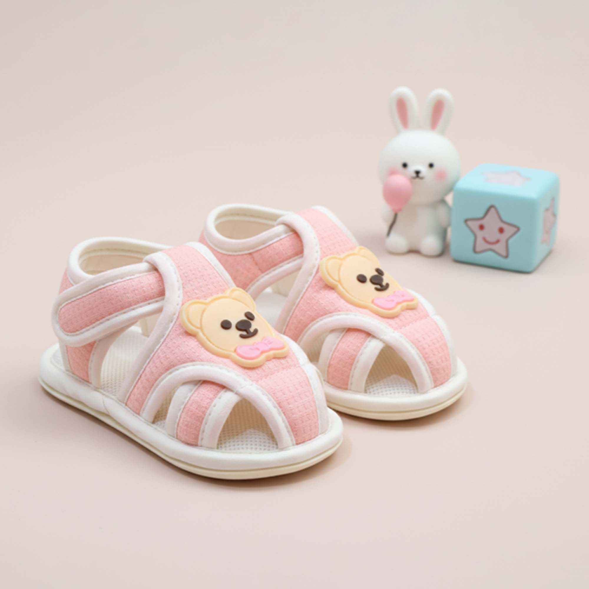 Baby Moo Teddy Velcro Strap Anti-Skid Closed Toe Sandal Booties-Pink