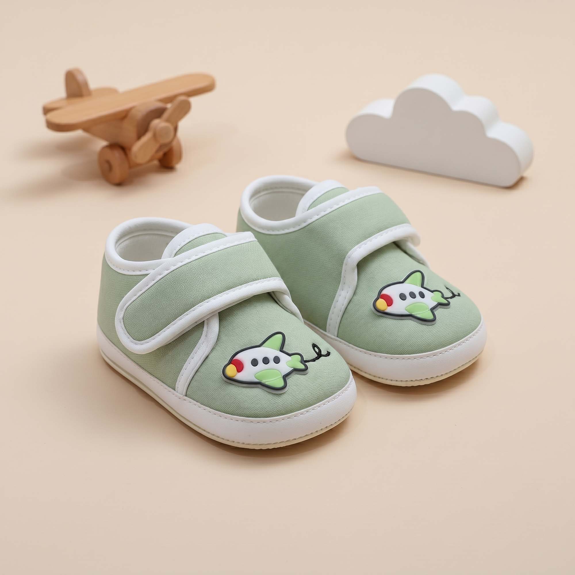 Baby Moo Aeroplane Velcro Strap Anti-Skid Sneakers Booties-Green