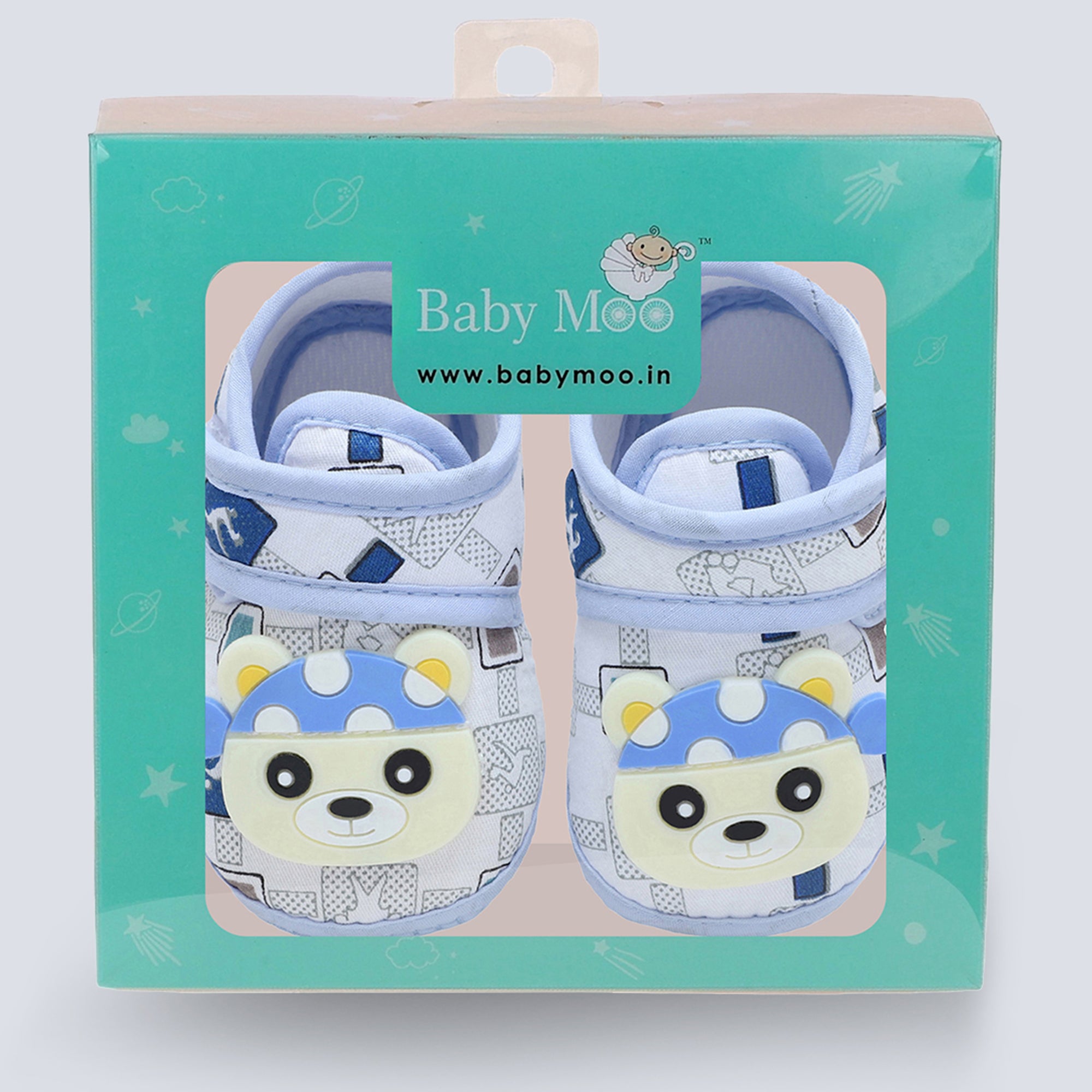 Baby Moo Cute Panda Velcro Strap Anti-Skid Fabric Sneaker Booties - Blue