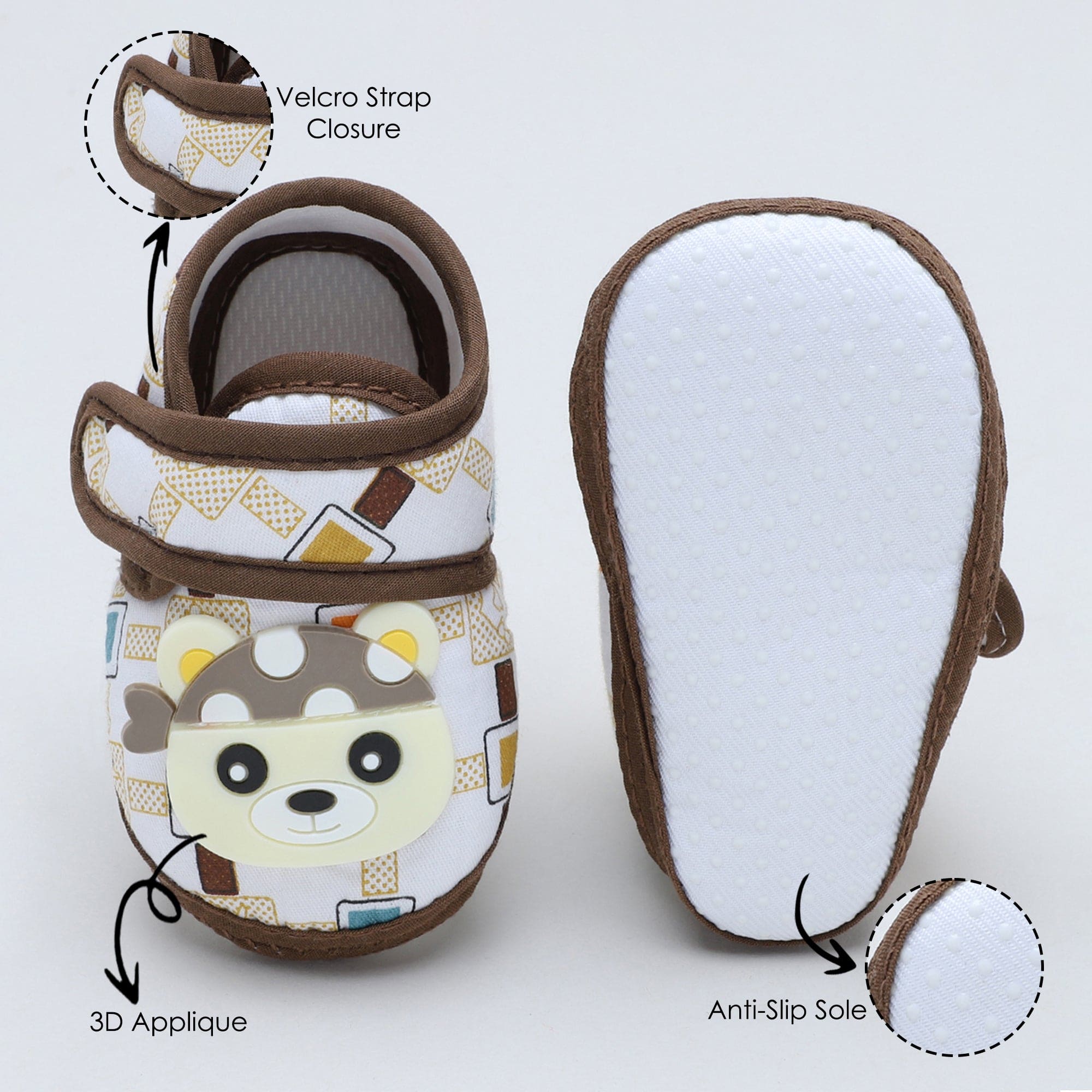 Baby Moo Cute Panda Velcro Strap Anti-Skid Fabric Sneaker Booties - Brown