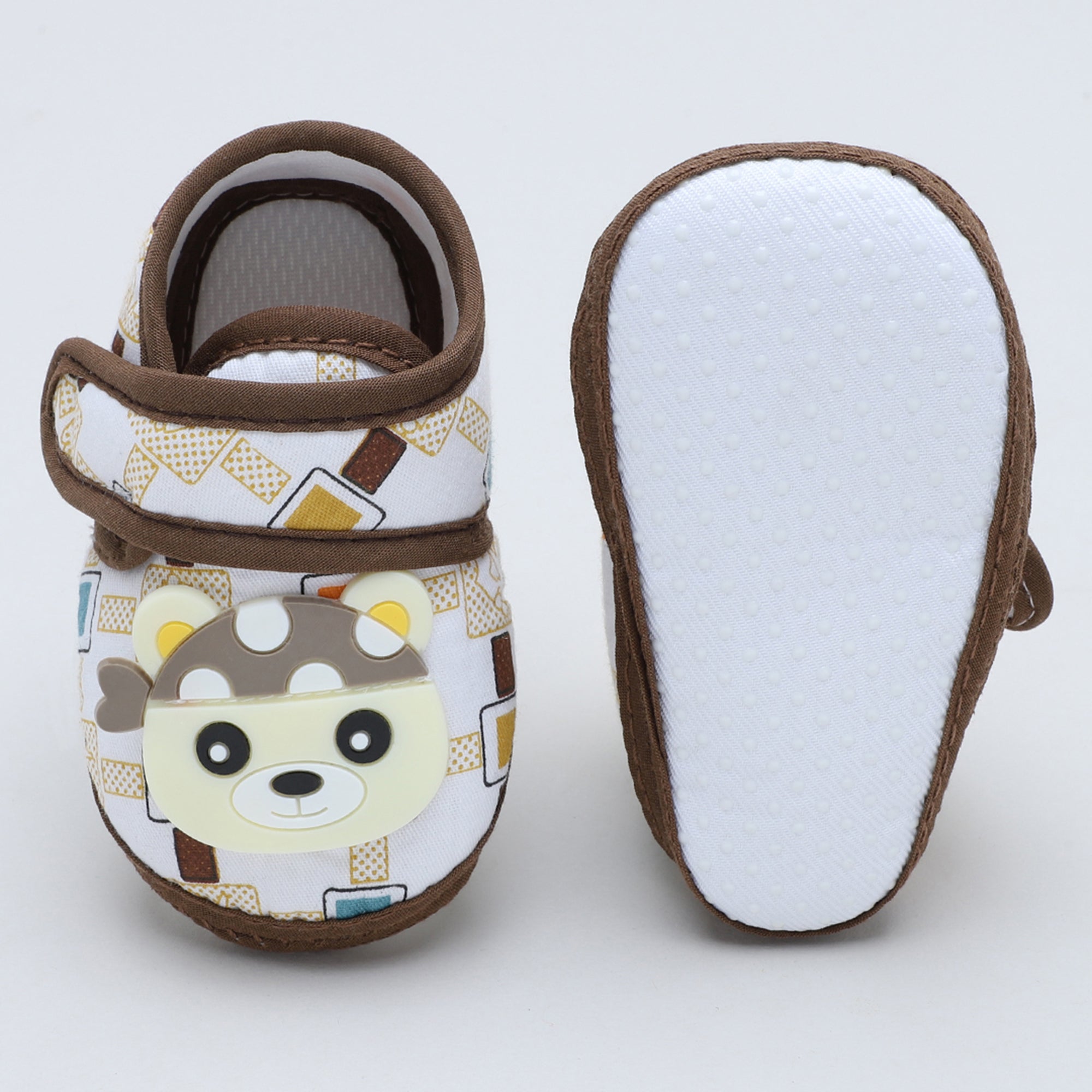 Baby Moo Cute Panda Velcro Strap Anti-Skid Fabric Sneaker Booties - Brown