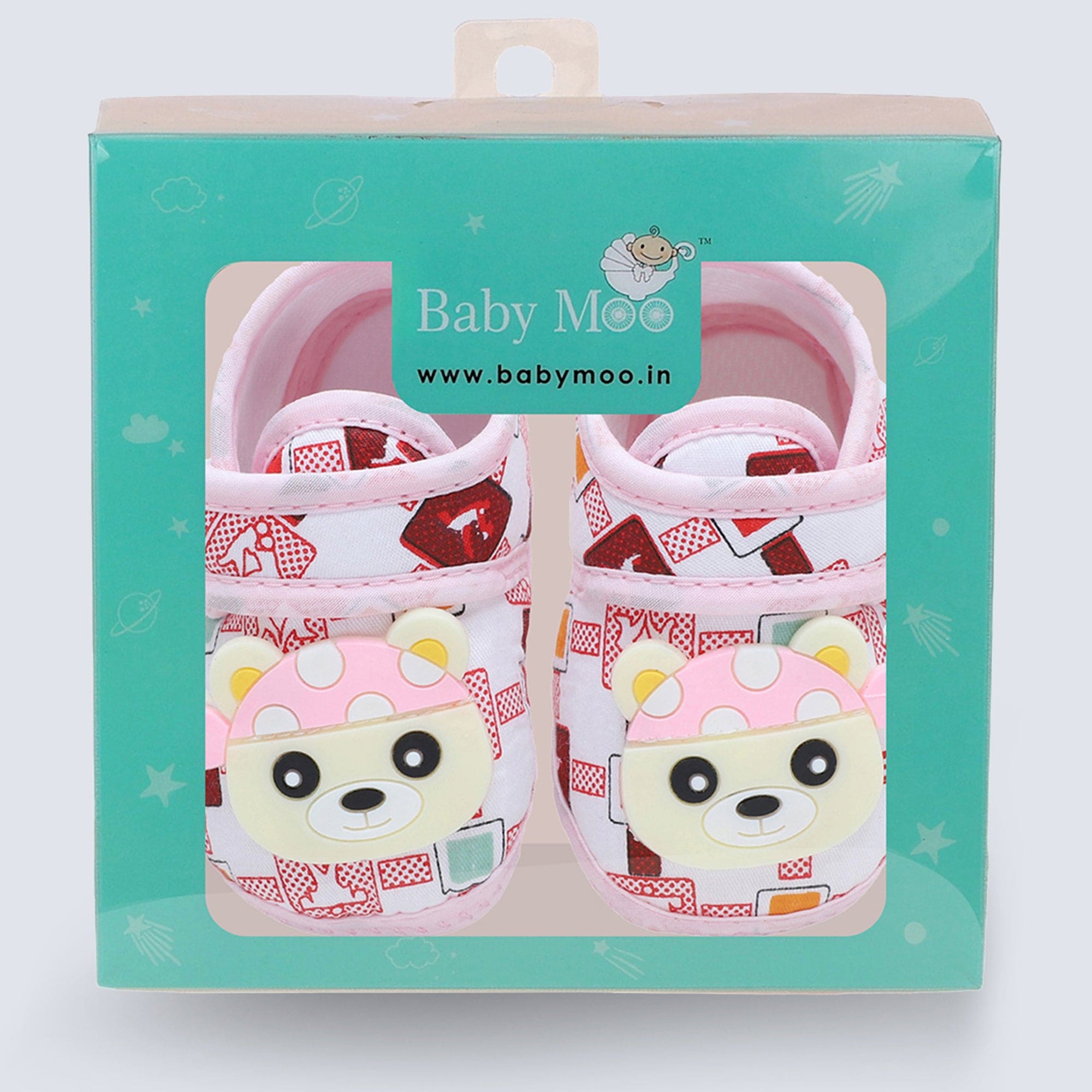 Baby Moo Cute Panda Velcro Strap Anti-Skid Fabric Sneaker Booties - Pink