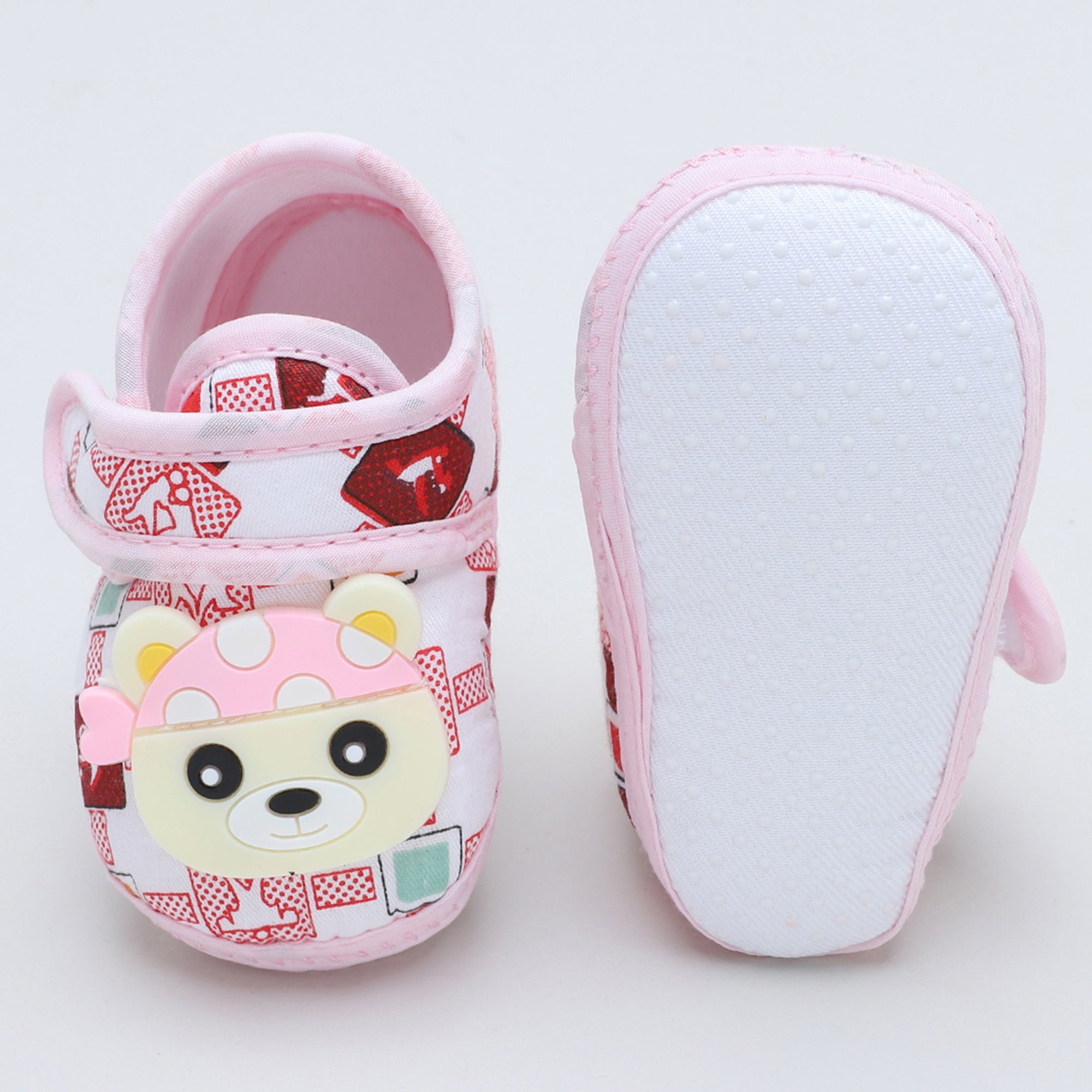 Baby Moo Cute Panda Velcro Strap Anti-Skid Fabric Sneaker Booties - Pink