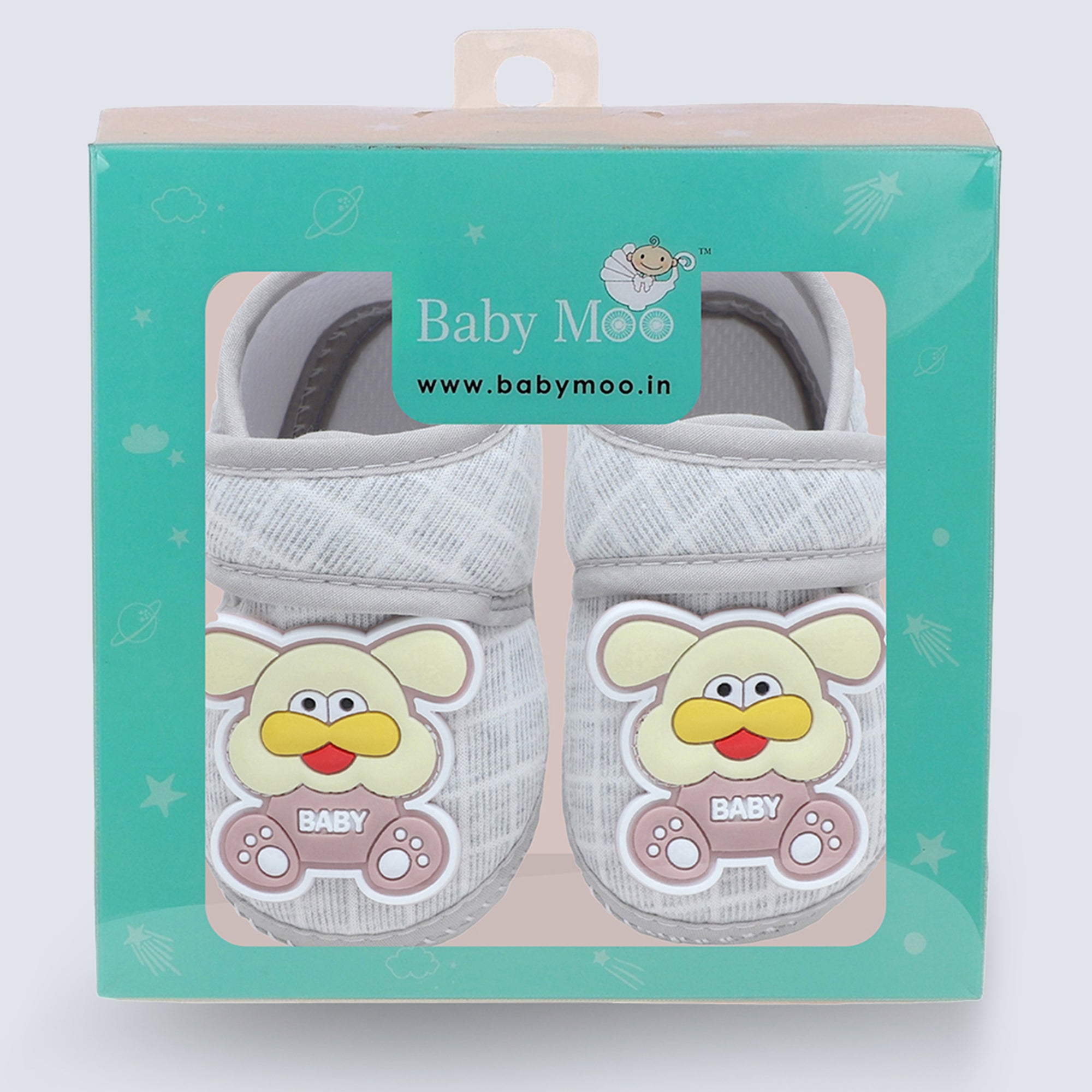 Baby Moo Dog Velcro Strap Anti-Skid Fabric Sneaker Booties - Grey