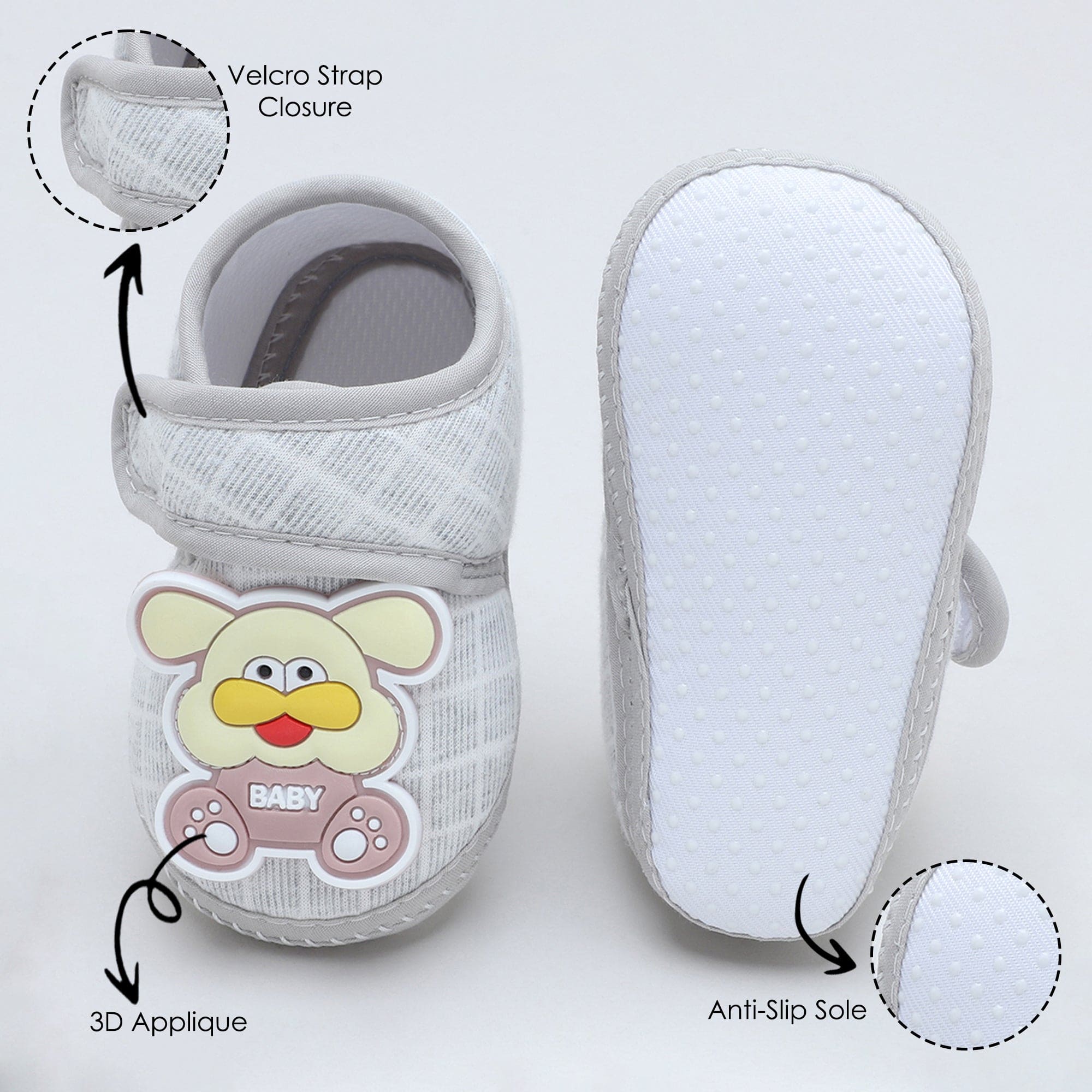 Baby Moo Dog Velcro Strap Anti-Skid Fabric Sneaker Booties - Grey