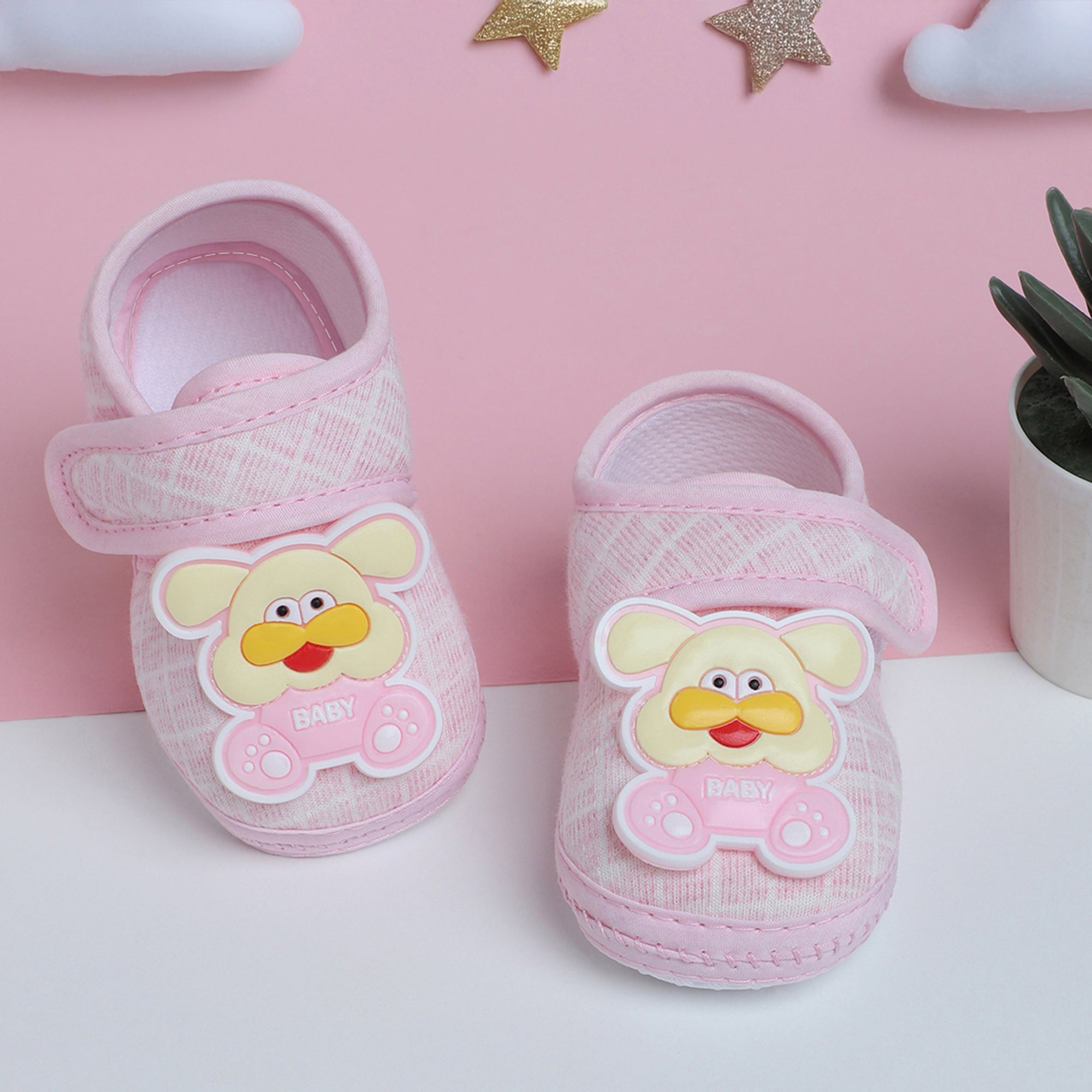 Baby Moo Dog Velcro Strap Anti-Skid Fabric Sneaker Booties - Pink