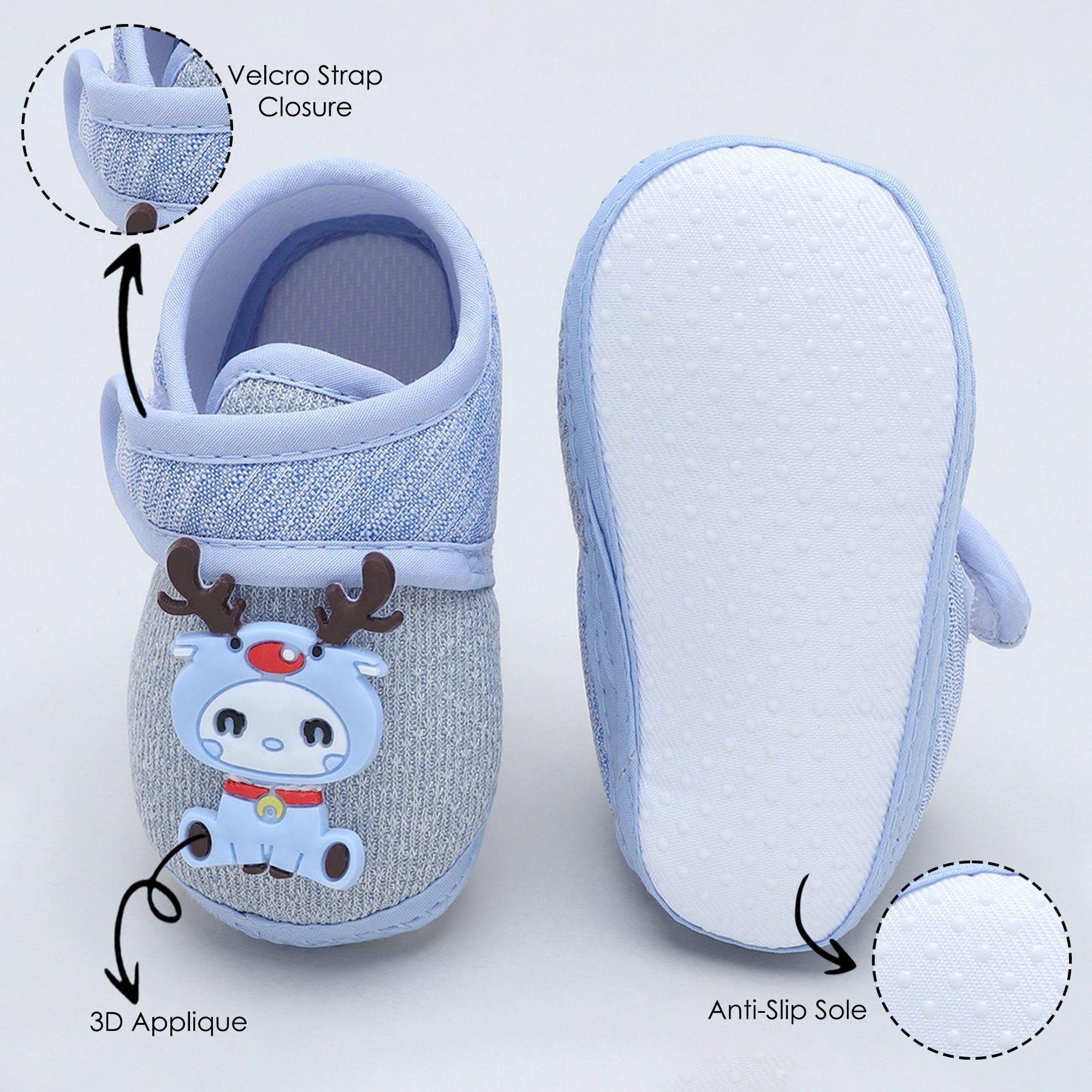 Baby Moo Deer Velcro Strap Anti-Skid Fabric Sneaker Booties - Blue