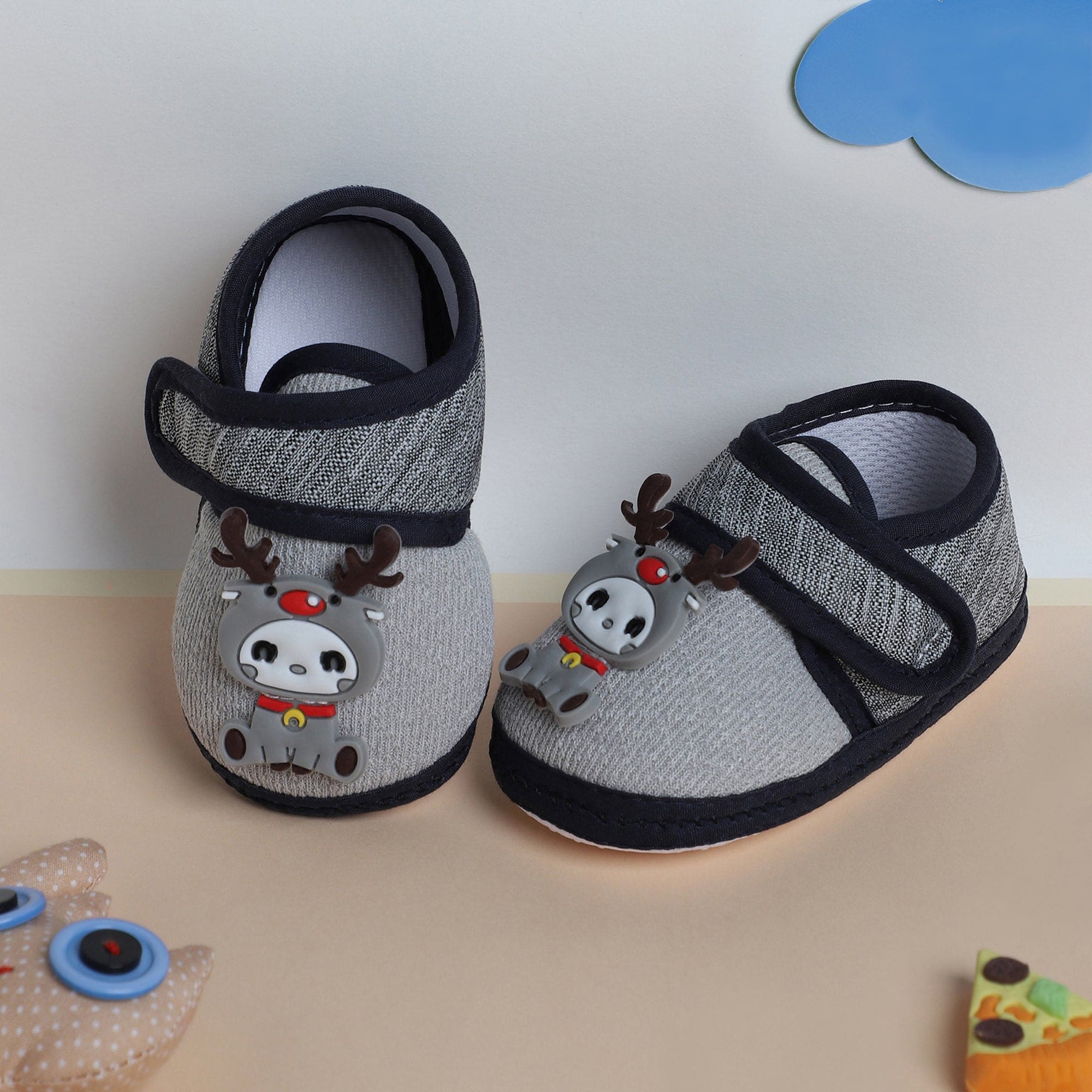 Baby Moo Deer Velcro Strap Anti-Skid Fabric Sneaker Booties - Grey