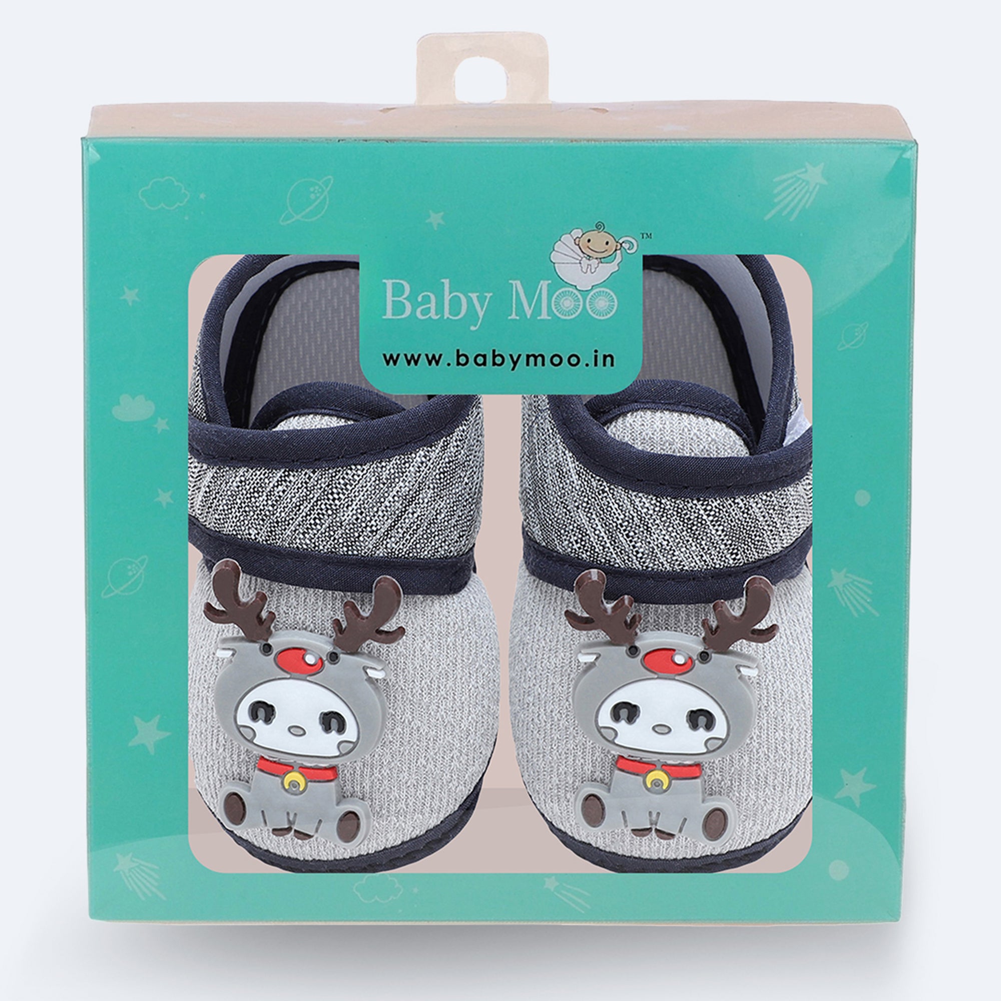 Baby Moo Deer Velcro Strap Anti-Skid Fabric Sneaker Booties - Grey