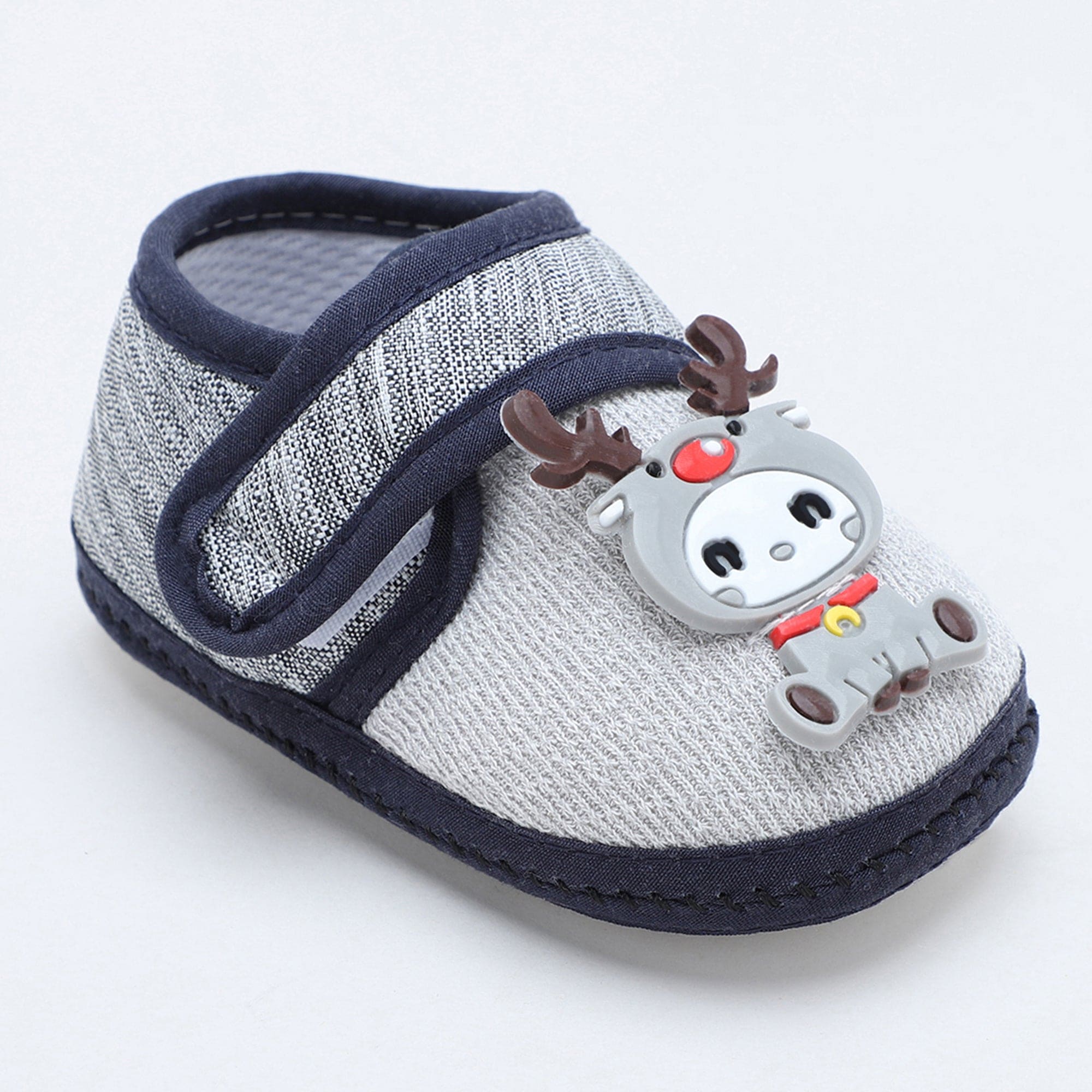 Baby Moo Deer Velcro Strap Anti-Skid Fabric Sneaker Booties - Grey