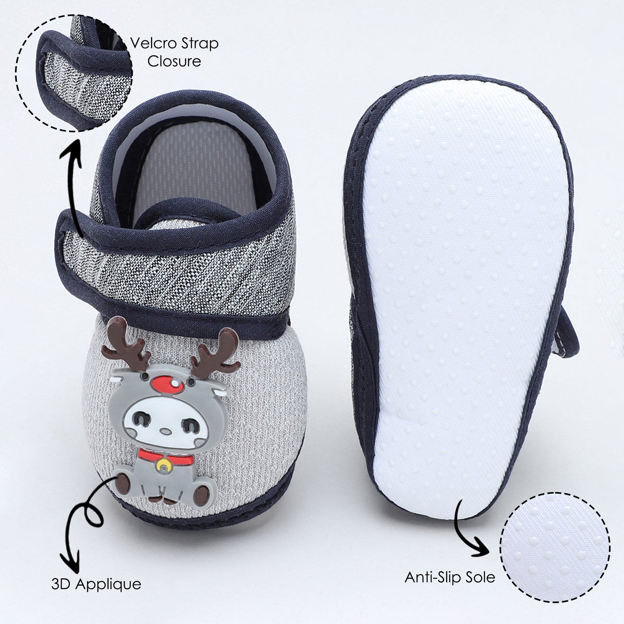 Baby Moo Deer Velcro Strap Anti-Skid Fabric Sneaker Booties - Grey