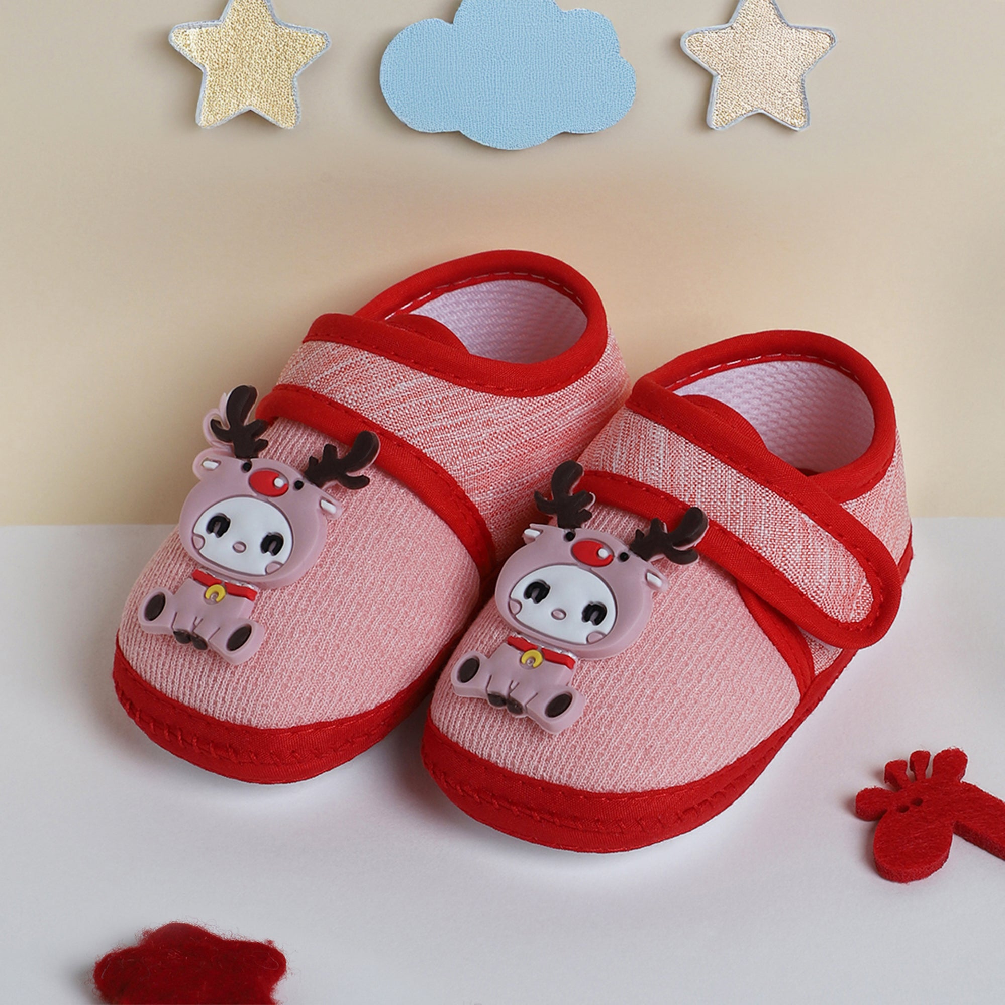Baby Moo Deer Velcro Strap Anti-Skid Fabric Sneaker Booties - Pink