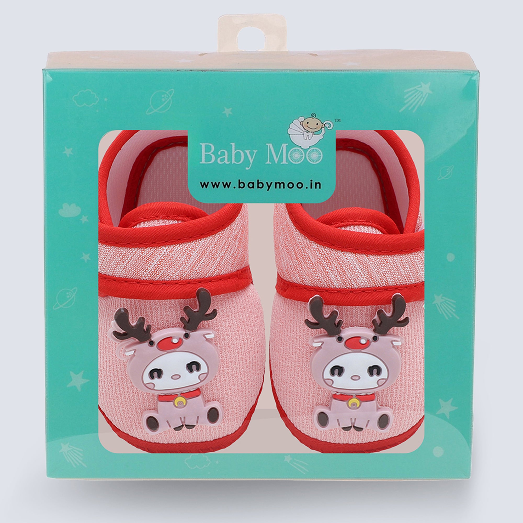 Baby Moo Deer Velcro Strap Anti-Skid Fabric Sneaker Booties - Pink