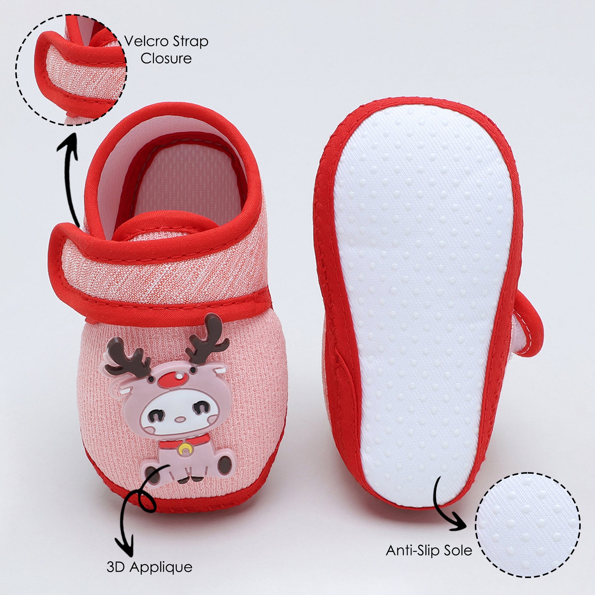 Baby Moo Deer Velcro Strap Anti-Skid Fabric Sneaker Booties - Pink