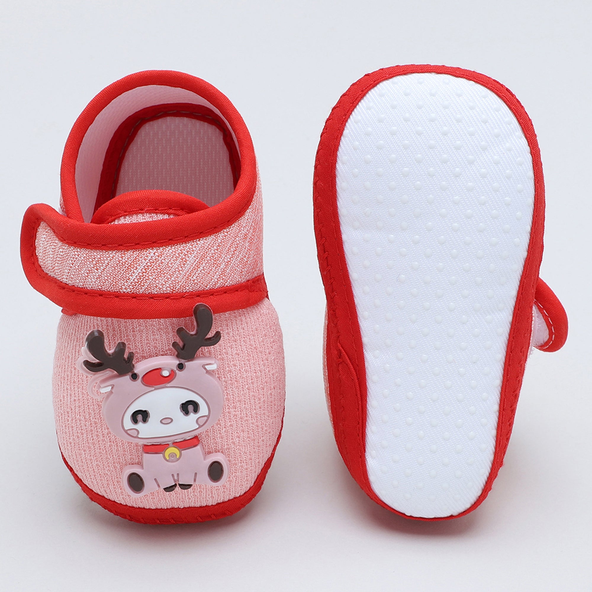 Baby Moo Deer Velcro Strap Anti-Skid Fabric Sneaker Booties - Pink