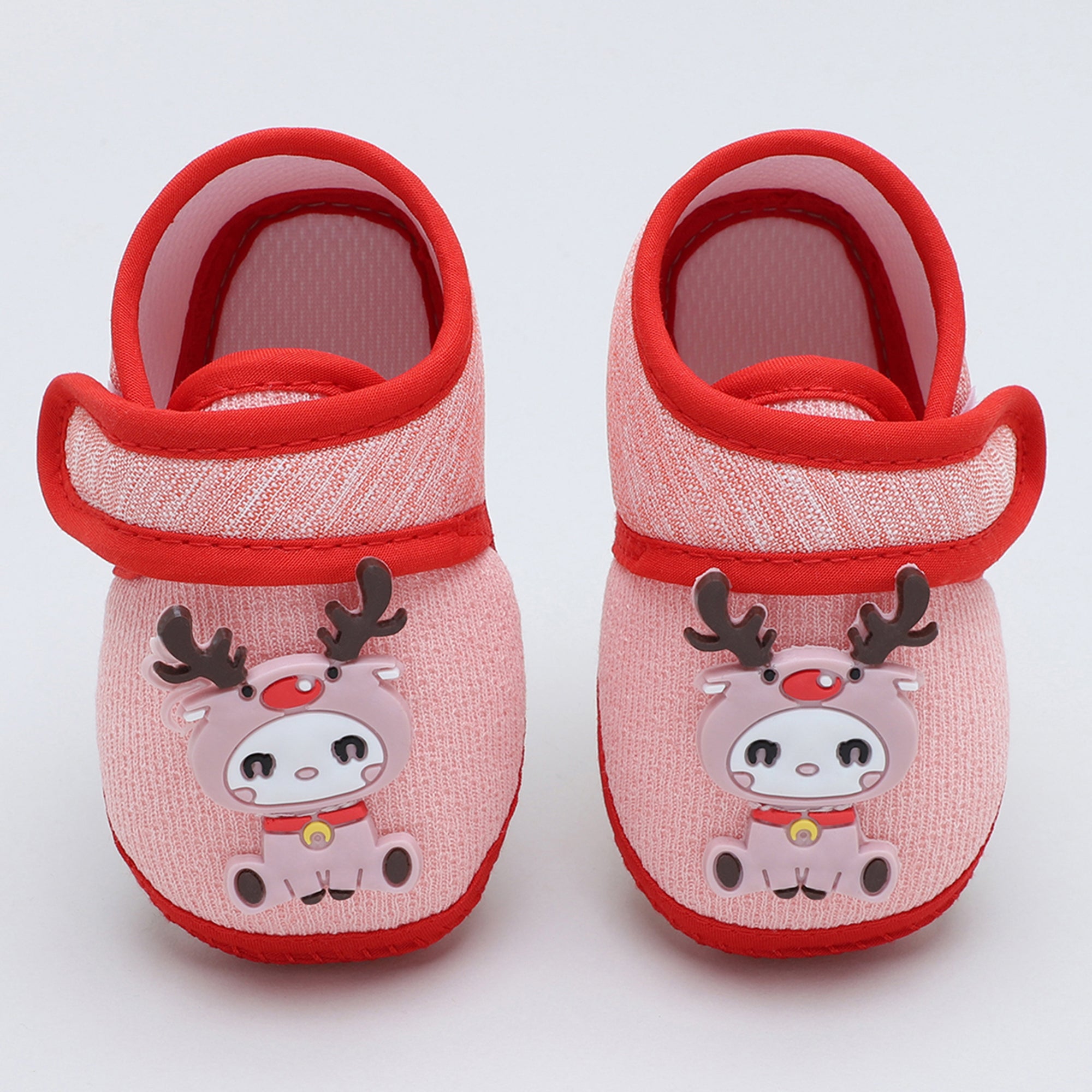 Baby Moo Deer Velcro Strap Anti-Skid Fabric Sneaker Booties - Pink