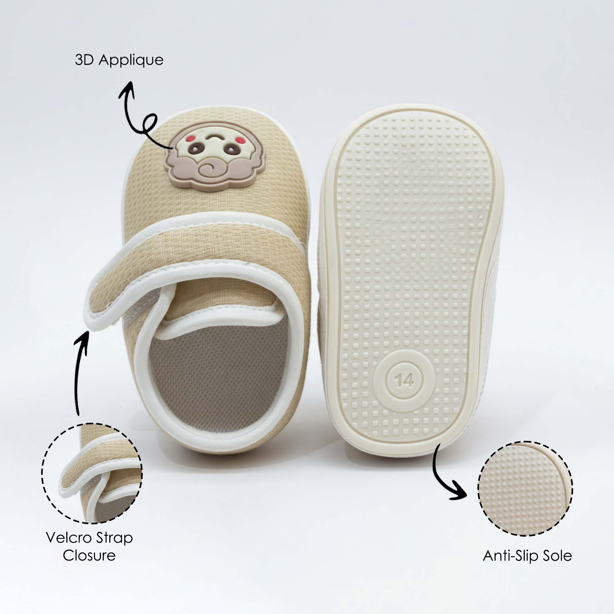 Baby Moo Lamb Velcro Strap Anti-Skid Sneakers Booties-Beige