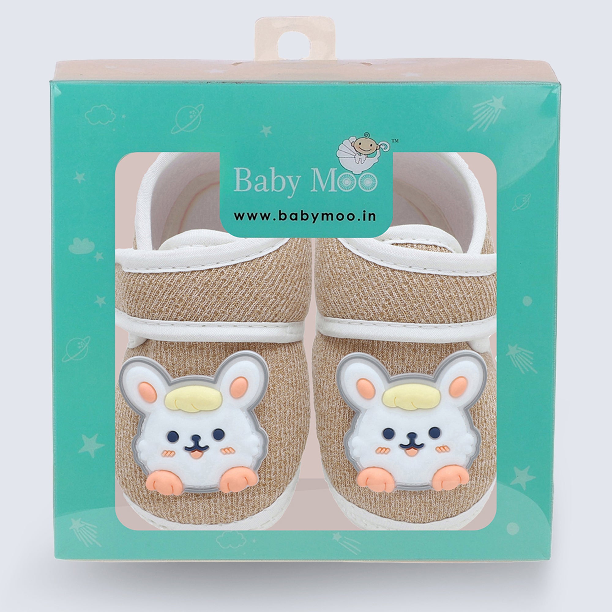 Baby Moo Mouse Velcro Strap Anti-Skid Fabric Sneaker Booties - Khaki