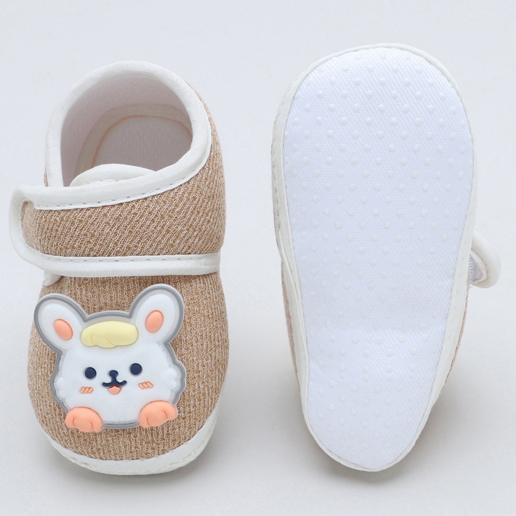 Baby Moo Mouse Velcro Strap Anti-Skid Fabric Sneaker Booties - Khaki