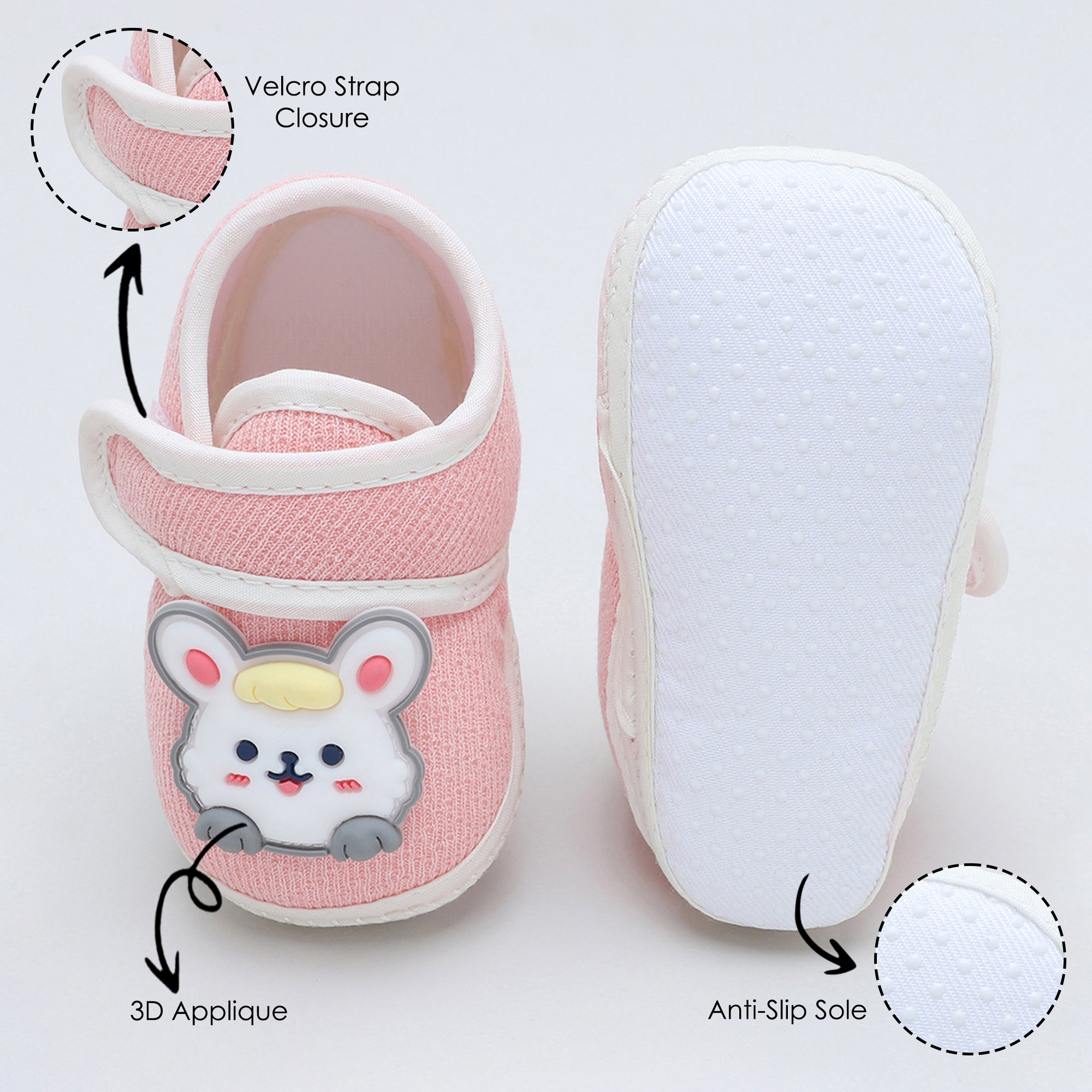 Baby Moo Mouse Velcro Strap Anti-Skid Fabric Sneaker Booties - Pink