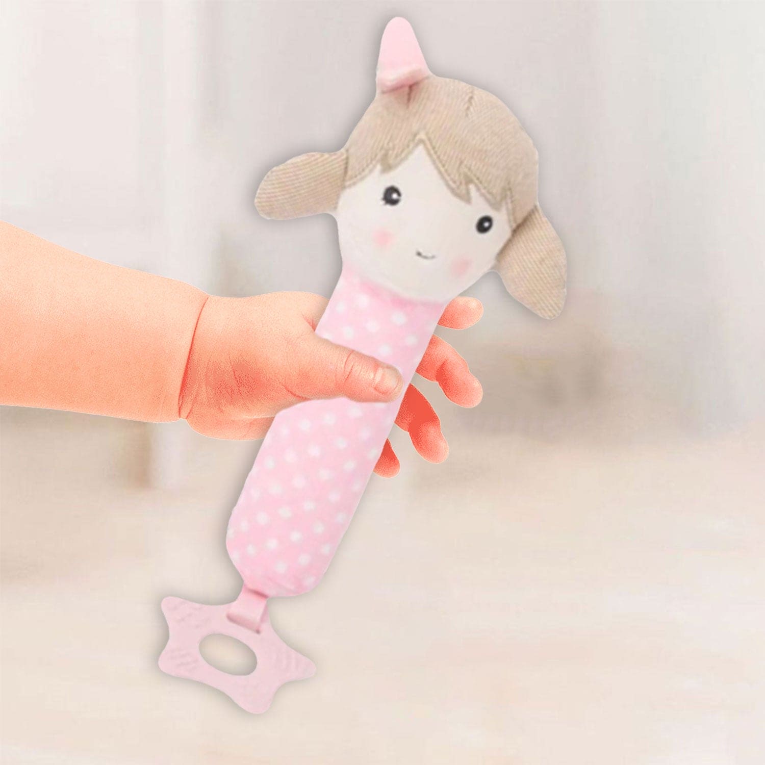 Baby Moo Pigtail Doll Squeaker With Teether Handheld Rattle Toy - Pink