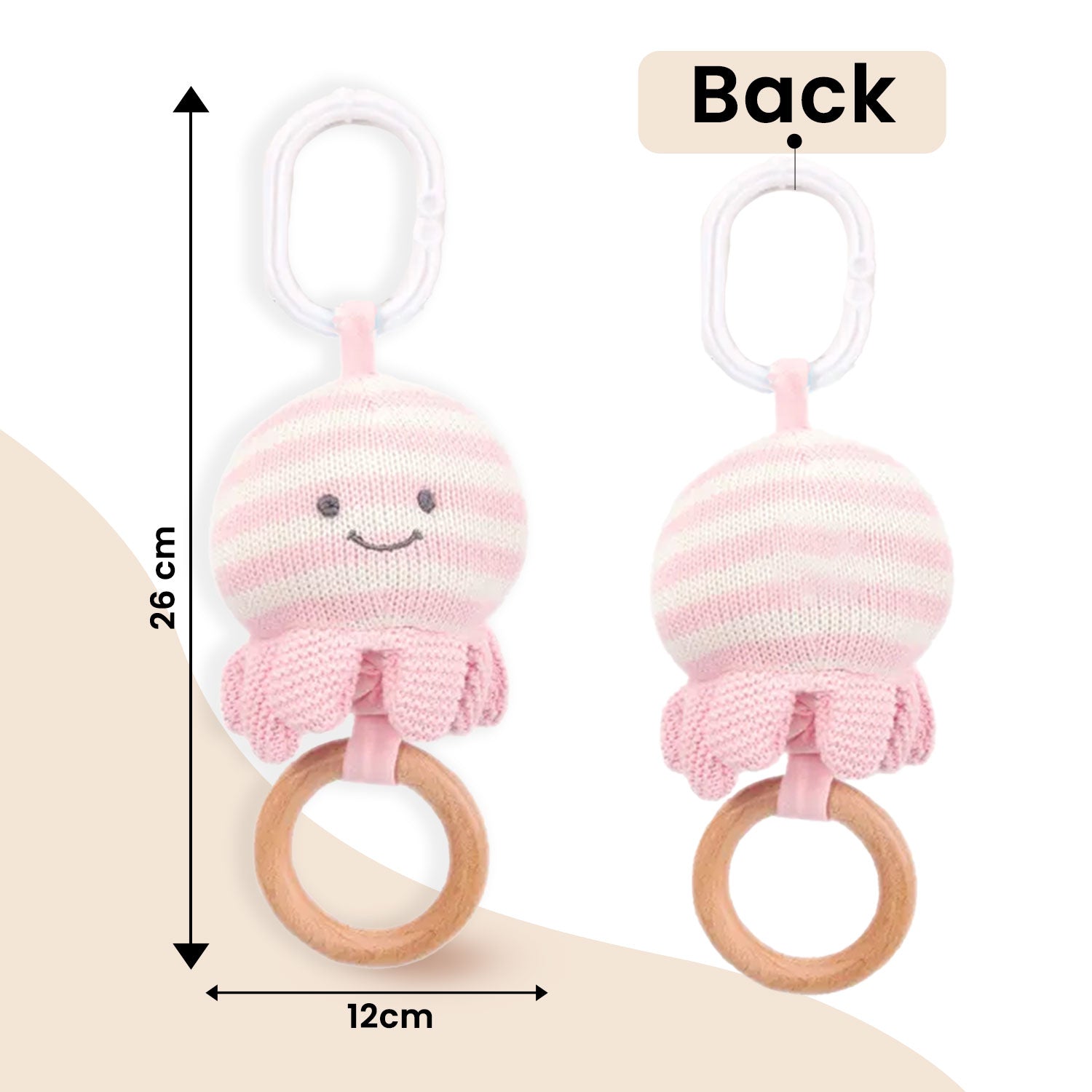 Baby Moo Octopus Wooden Ring Hand Grab Soft Crochet Vibration Pulling Toy - Pink