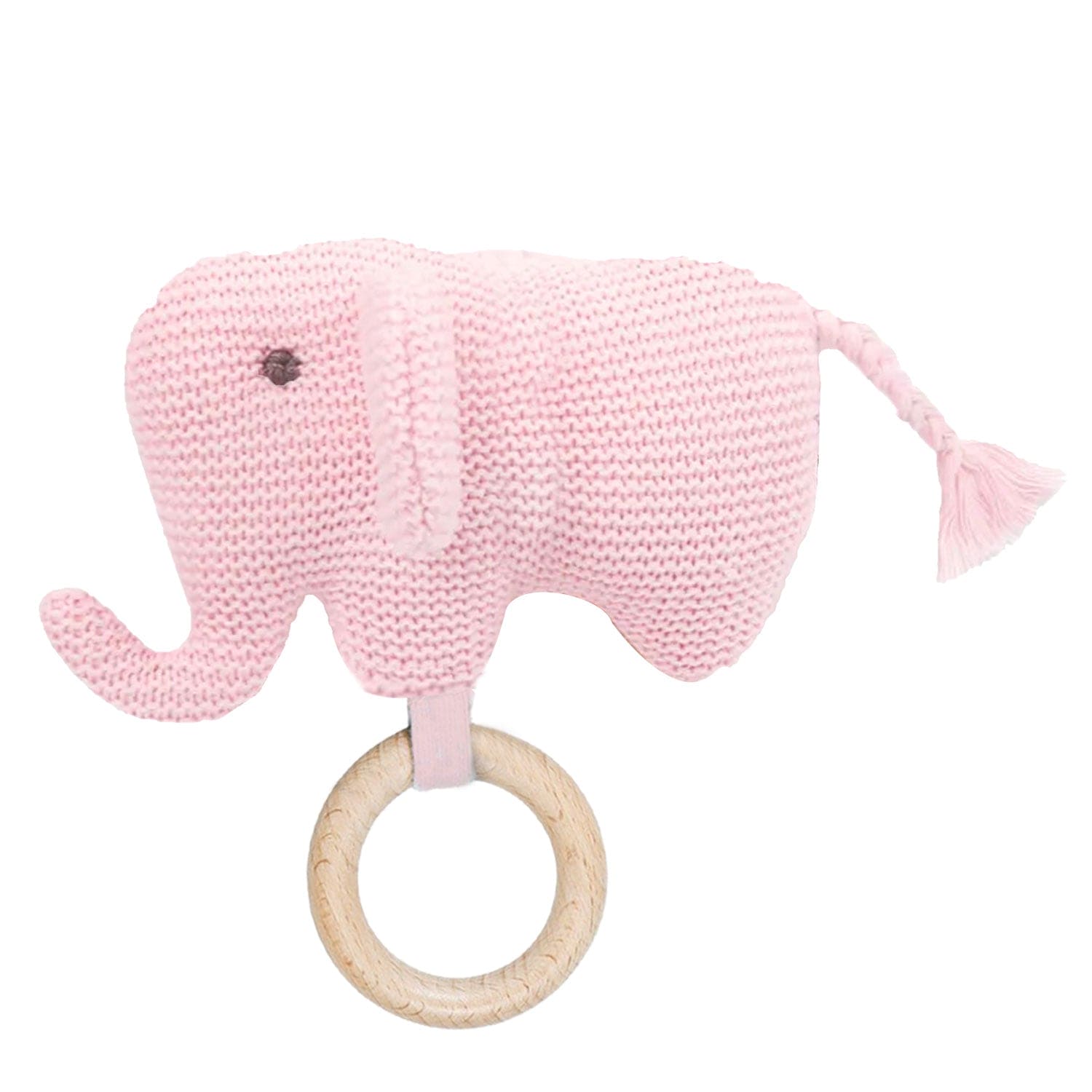 Baby Moo Elephant Wooden Teething Ring Soft Knitted Handheld Rattle - Pink
