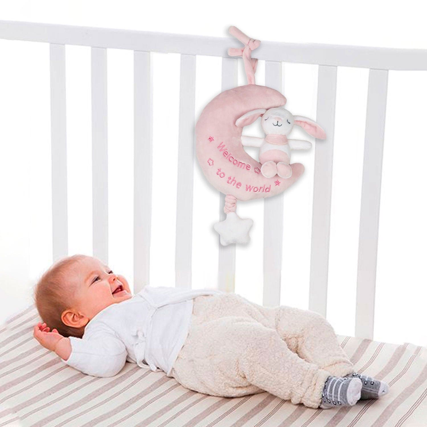 Baby Moo Bear On The Moon Hanging Musical Pulling Toy - Pink