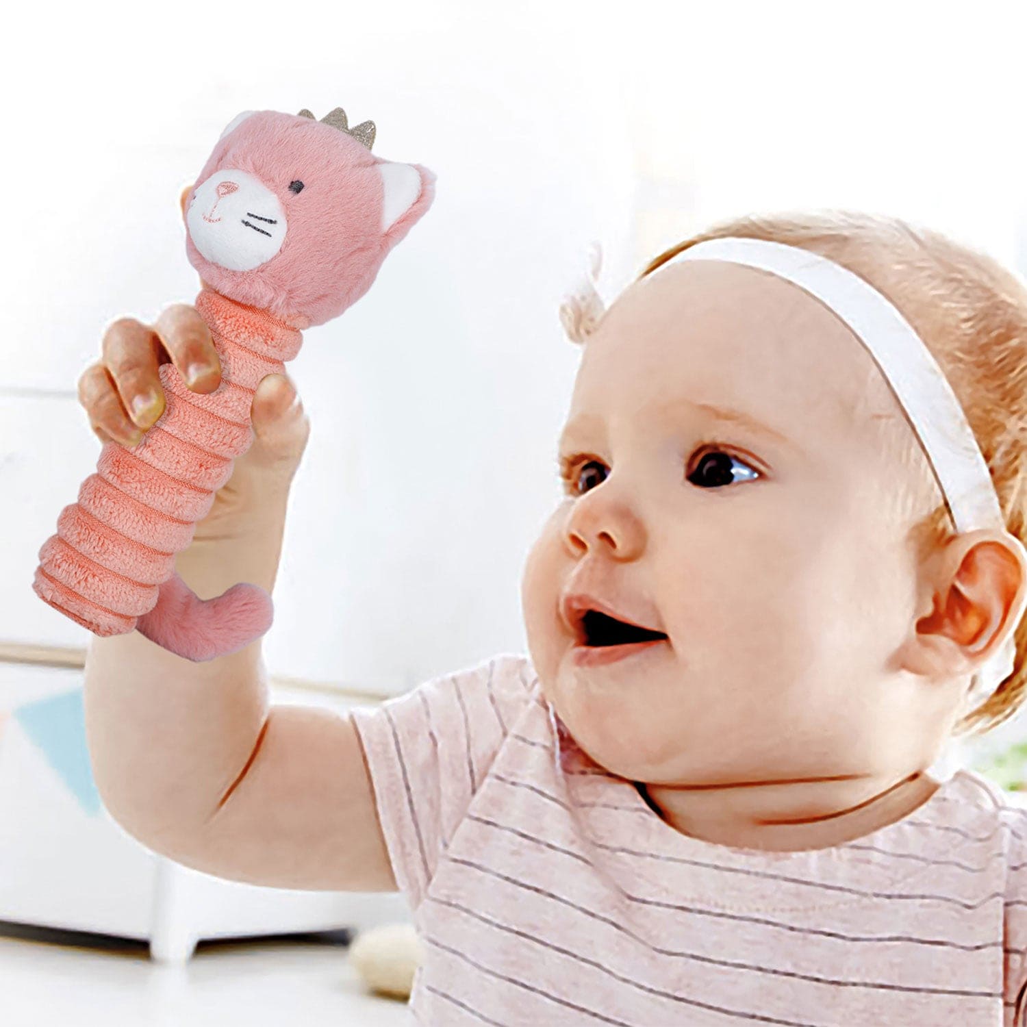 Baby Moo Pretty Panther Squeaker And Rustle Paper Handheld Rattle Toy - Pink