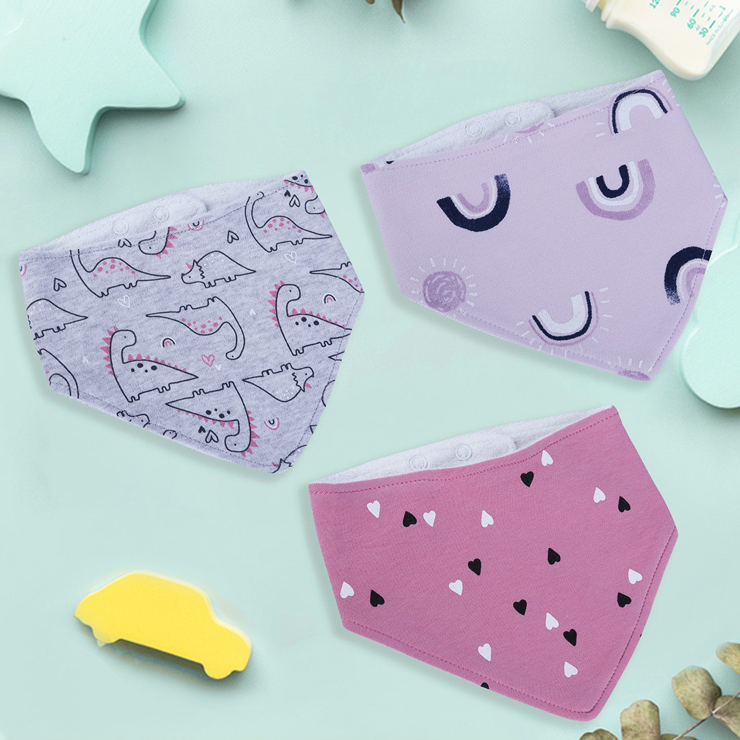 Baby Moo Dino-rrific Cotton 3 Pack Bandana Bibs - Pink - Baby Moo