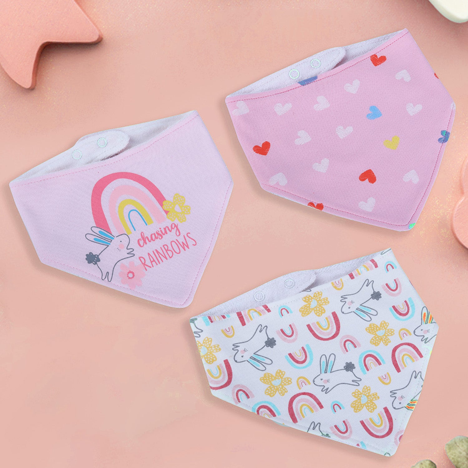 Baby Moo Bunny Chasing Rainbow Cotton 3 Pack Bandana Bibs - Pink - Baby Moo